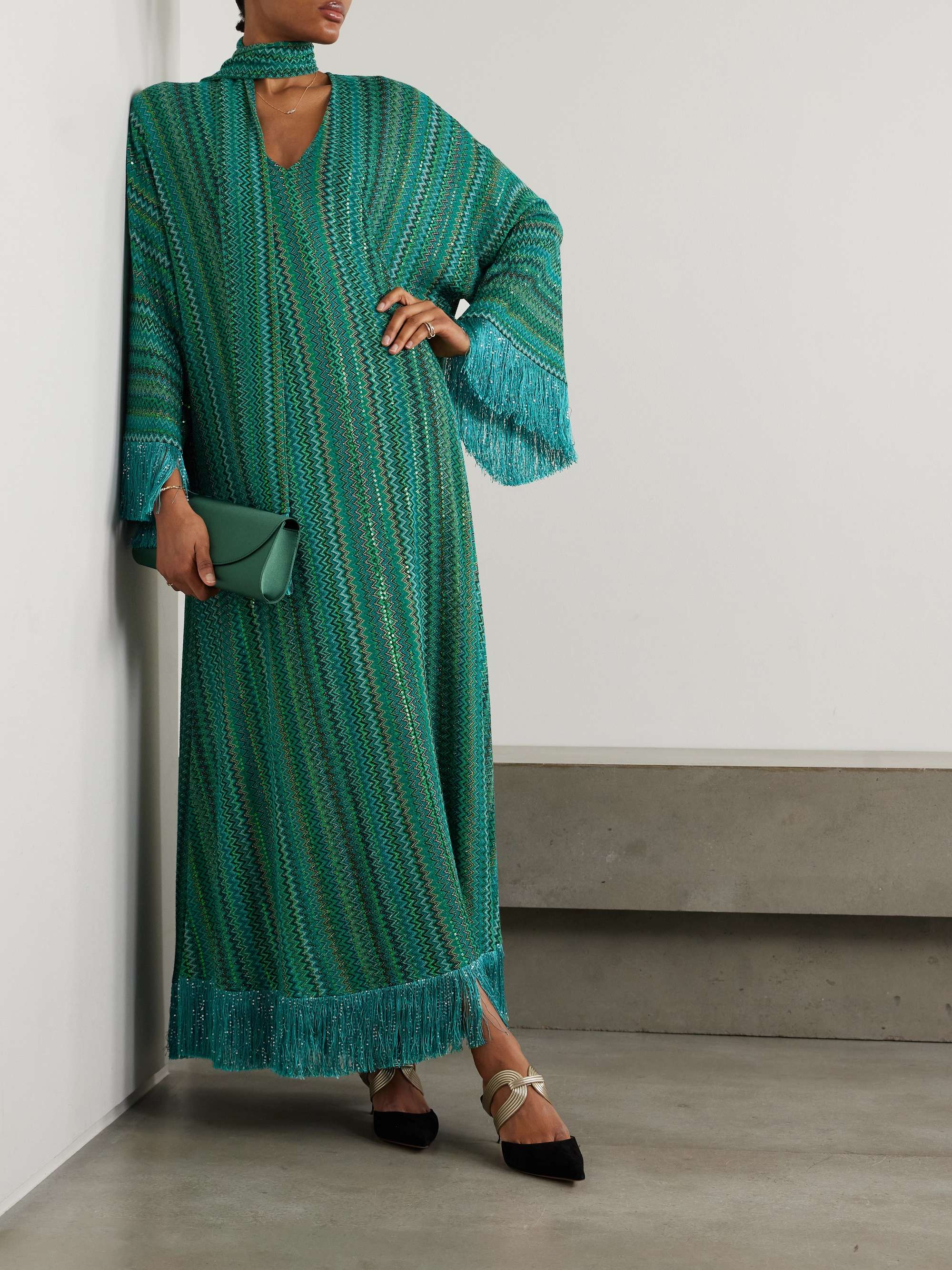 Frayed sequined striped metallic crochet-knit maxi dress view