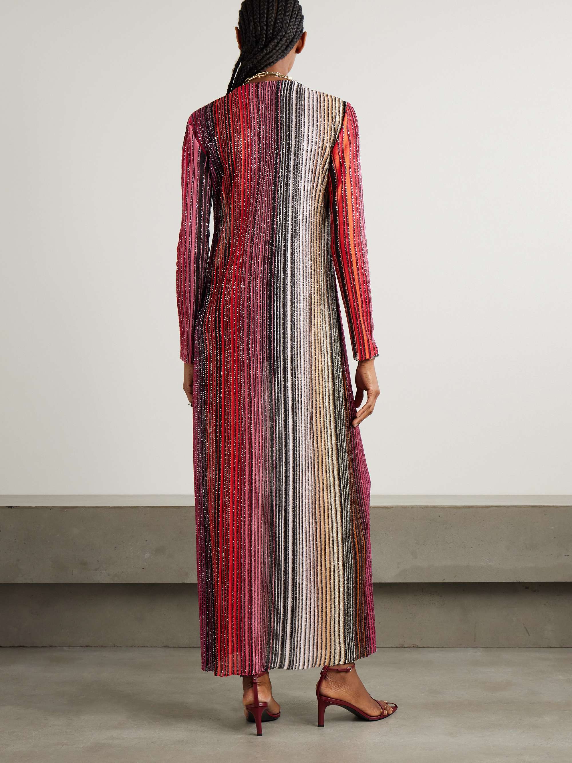 Sequin-embellished striped metallic crochet-knit cardigan view