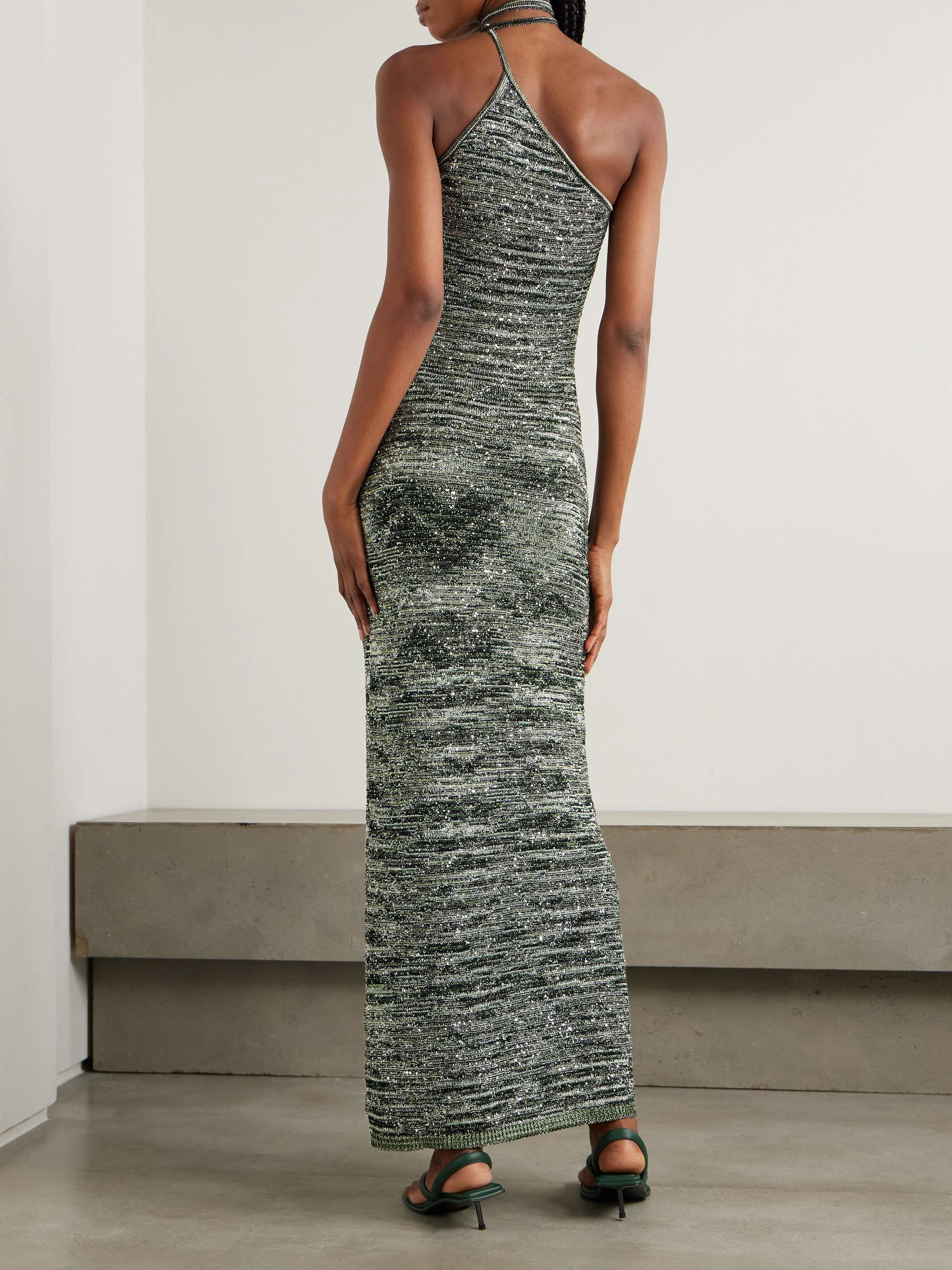 One-shoulder sequin-embellished metallic crochet-knit maxi dress view