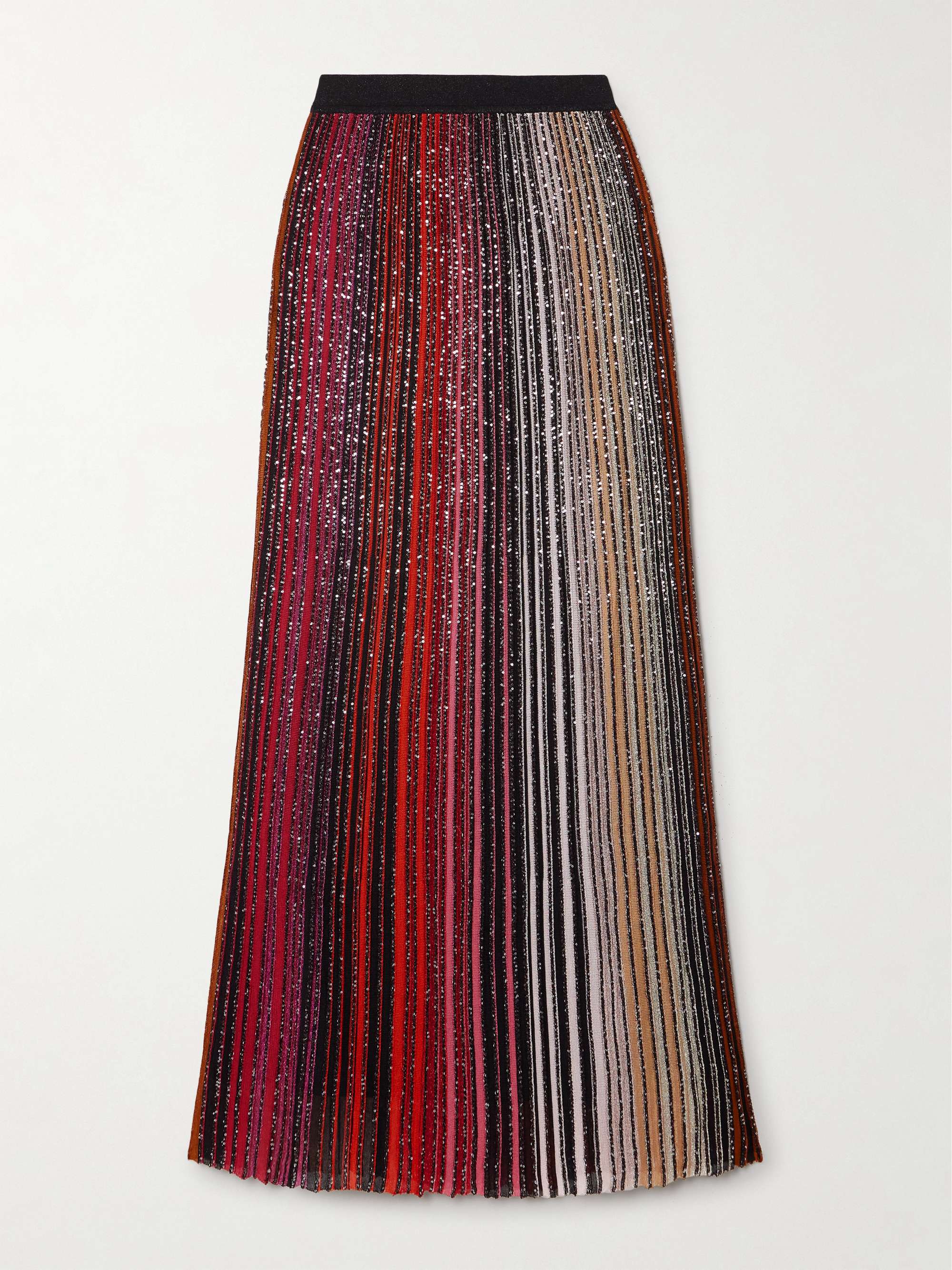 Pleated sequined striped metallic crochet-knit maxi skirt view