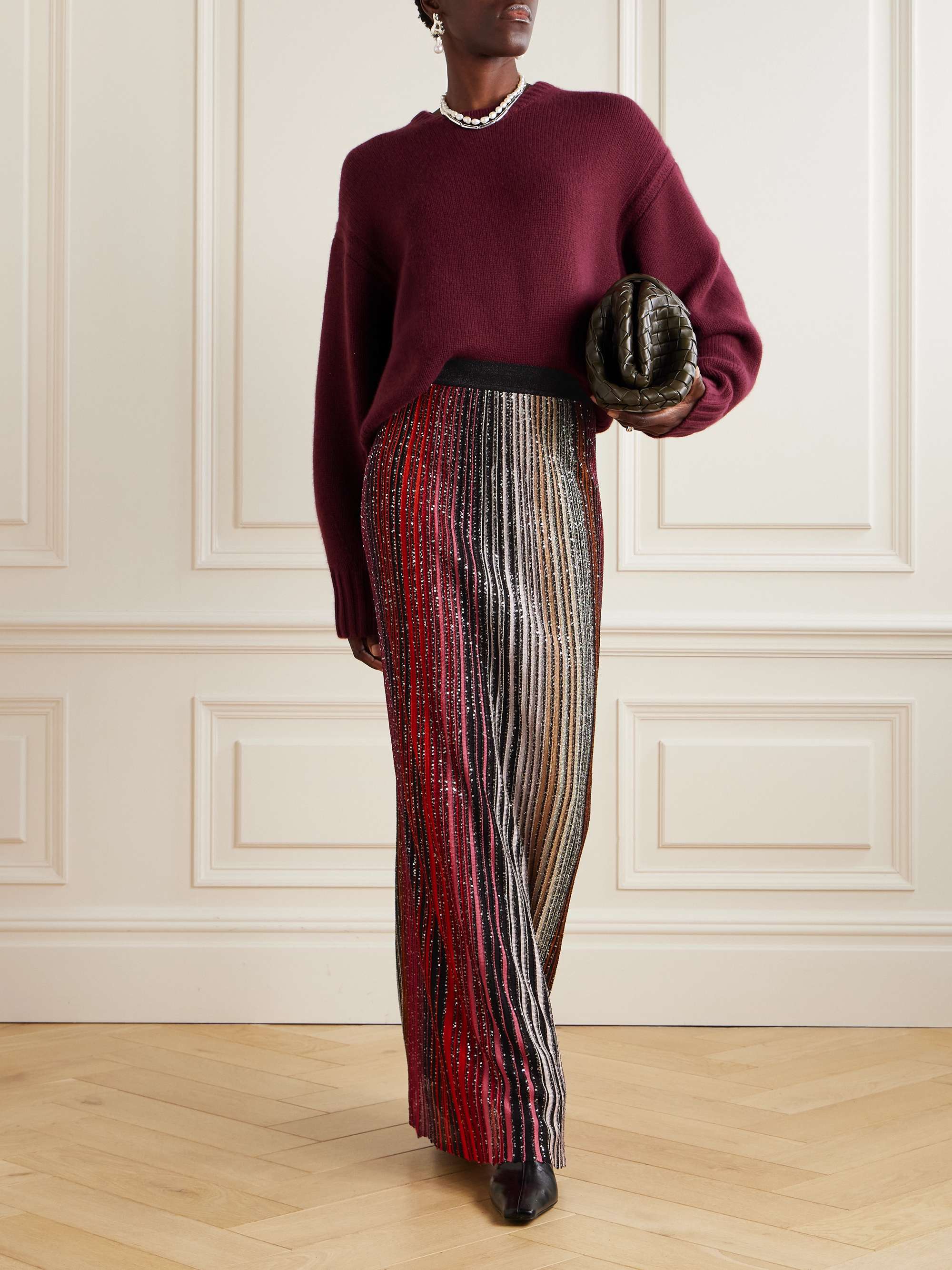 Pleated sequined striped metallic crochet-knit maxi skirt view