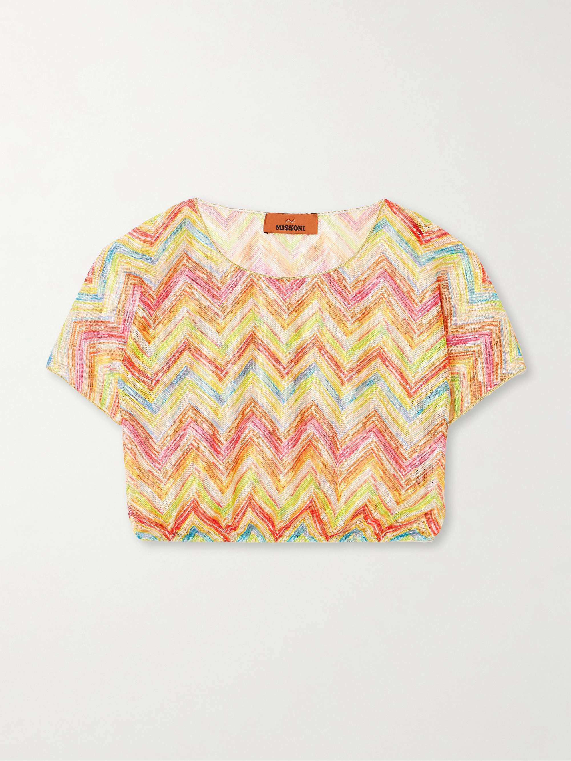 Mare cropped striped metallic crochet-knit top view