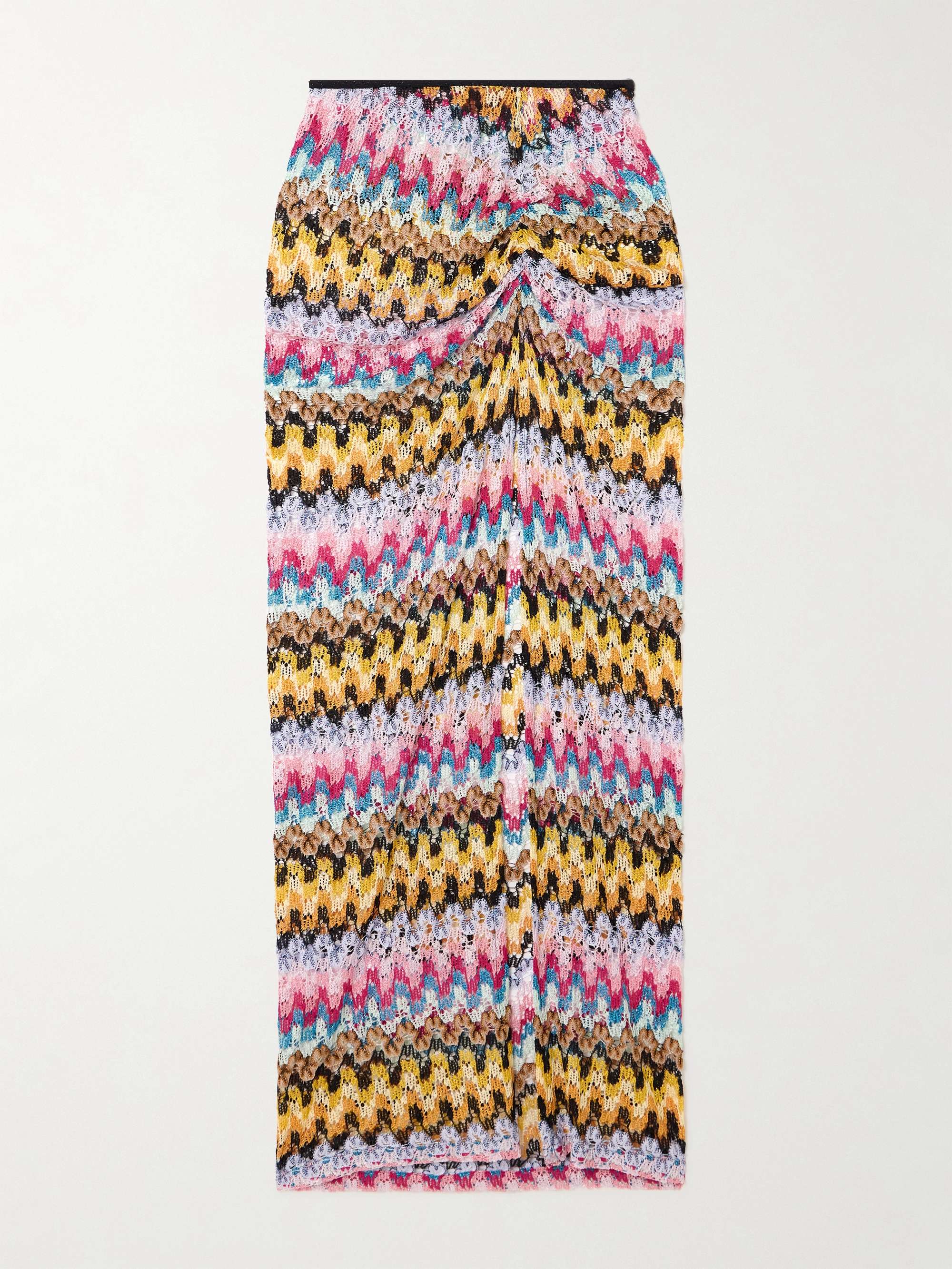 Ruched metallic crochet-knit midi skirt view
