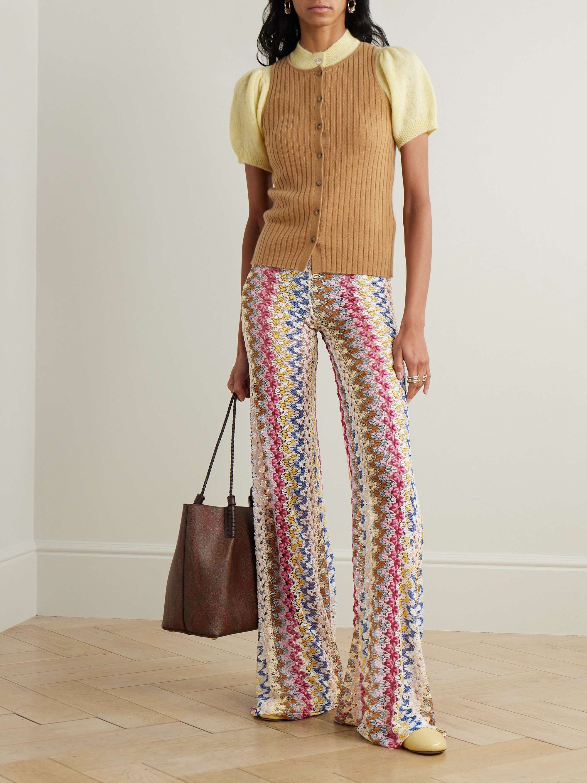 Metallic crochet-knit flared pants view