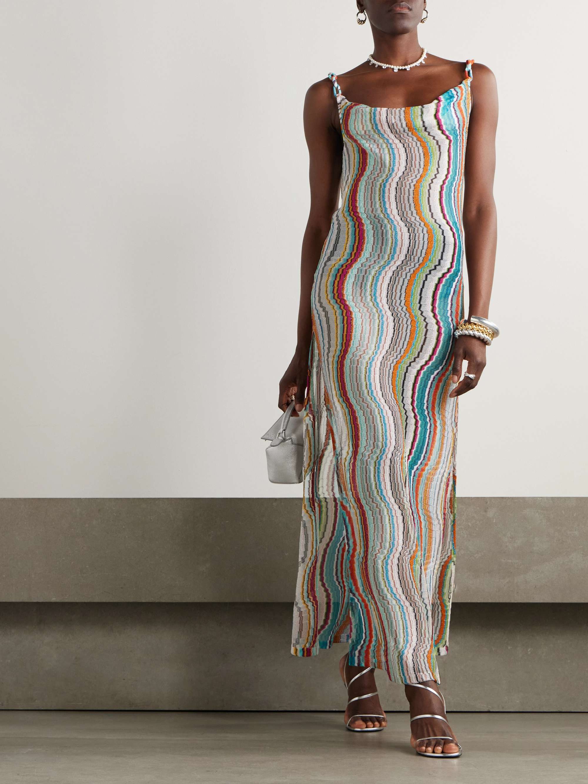 Draped metallic crochet-knit maxi dress view