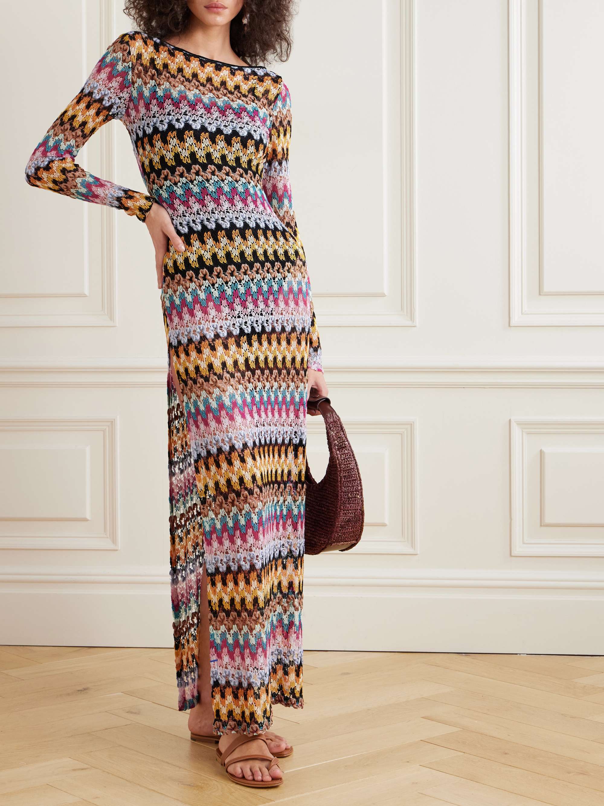 Open-back metallic crochet-knit maxi dress view