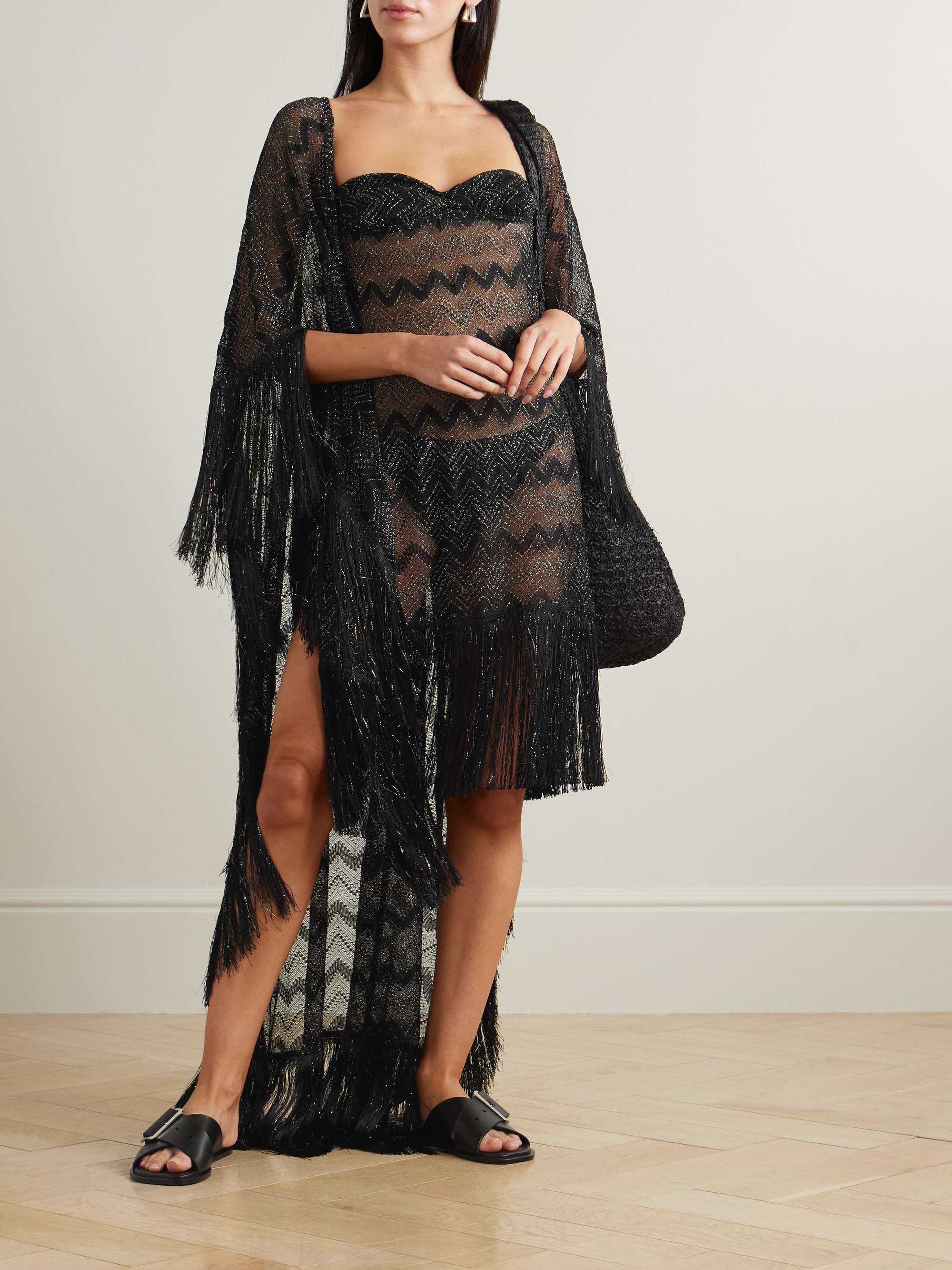 Mare fringed striped metallic crochet-knit kaftan view