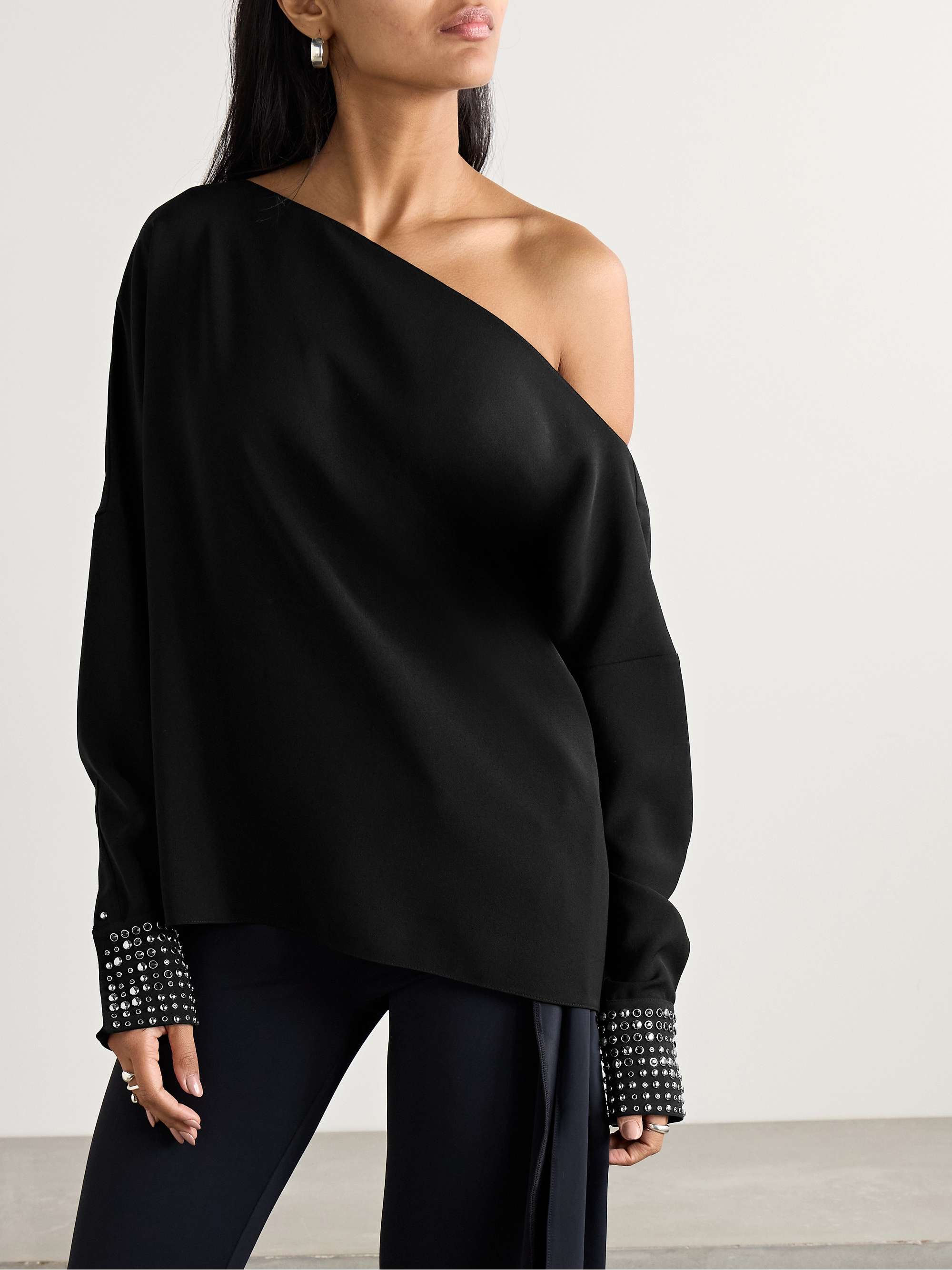 Volante off-the-shoulder embellished crepe top view