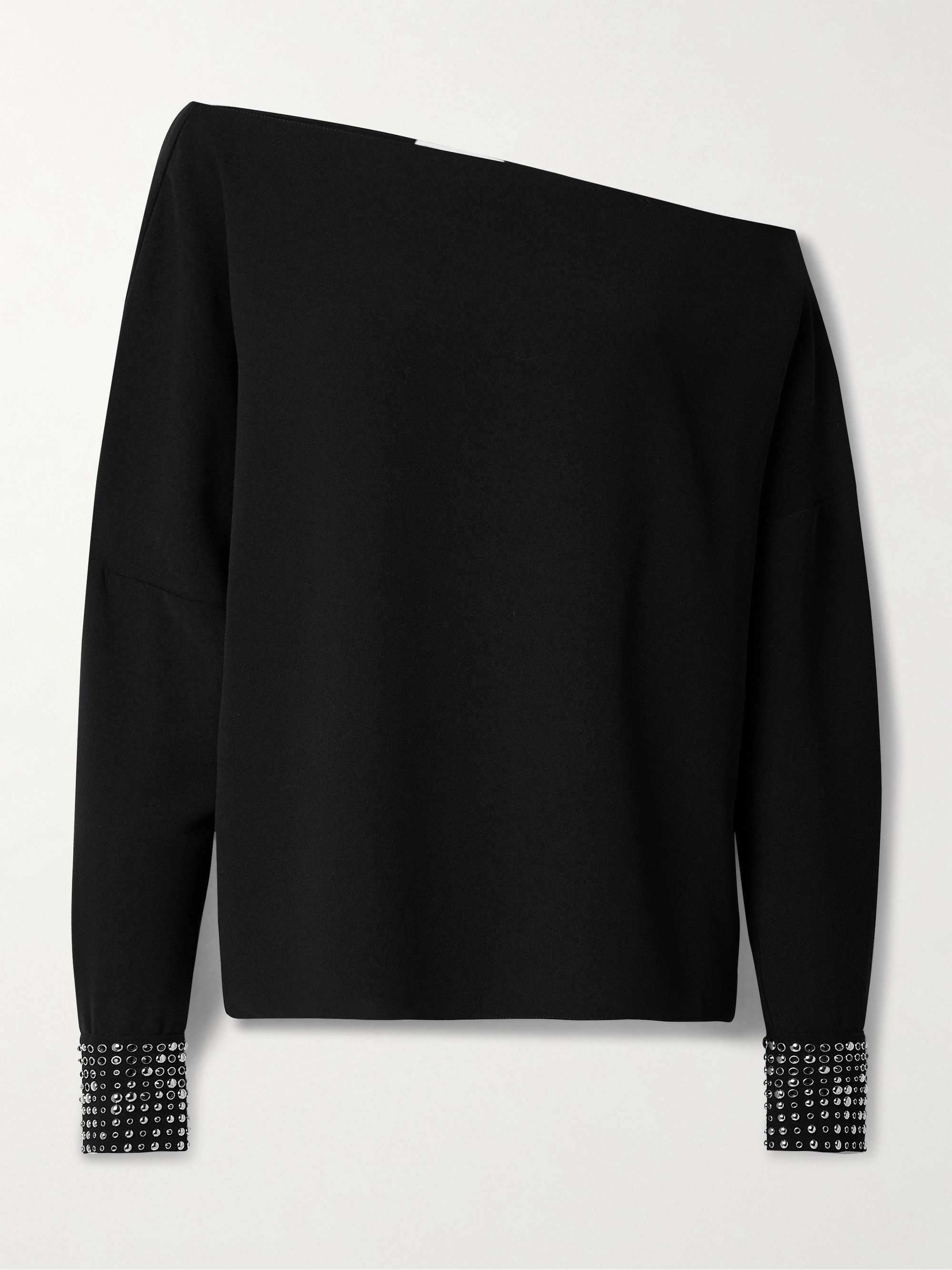 Volante off-the-shoulder embellished crepe top view