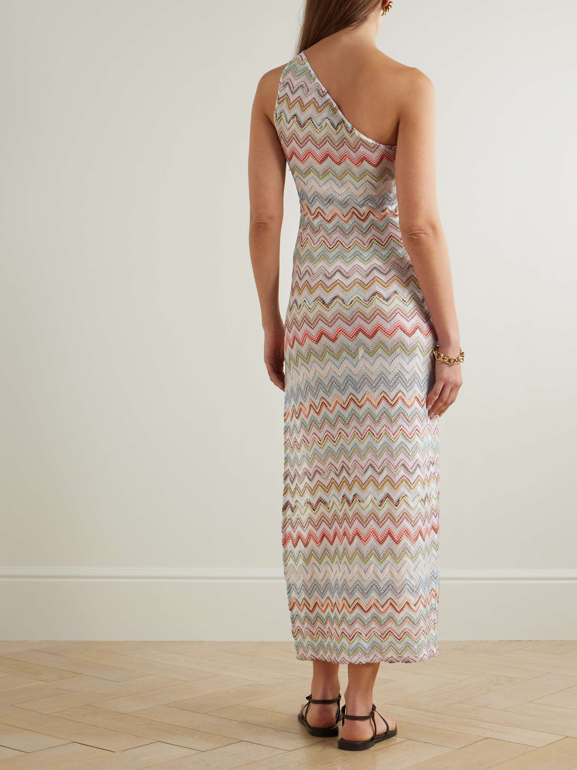One-shoulder striped metallic crochet-knit coverup view