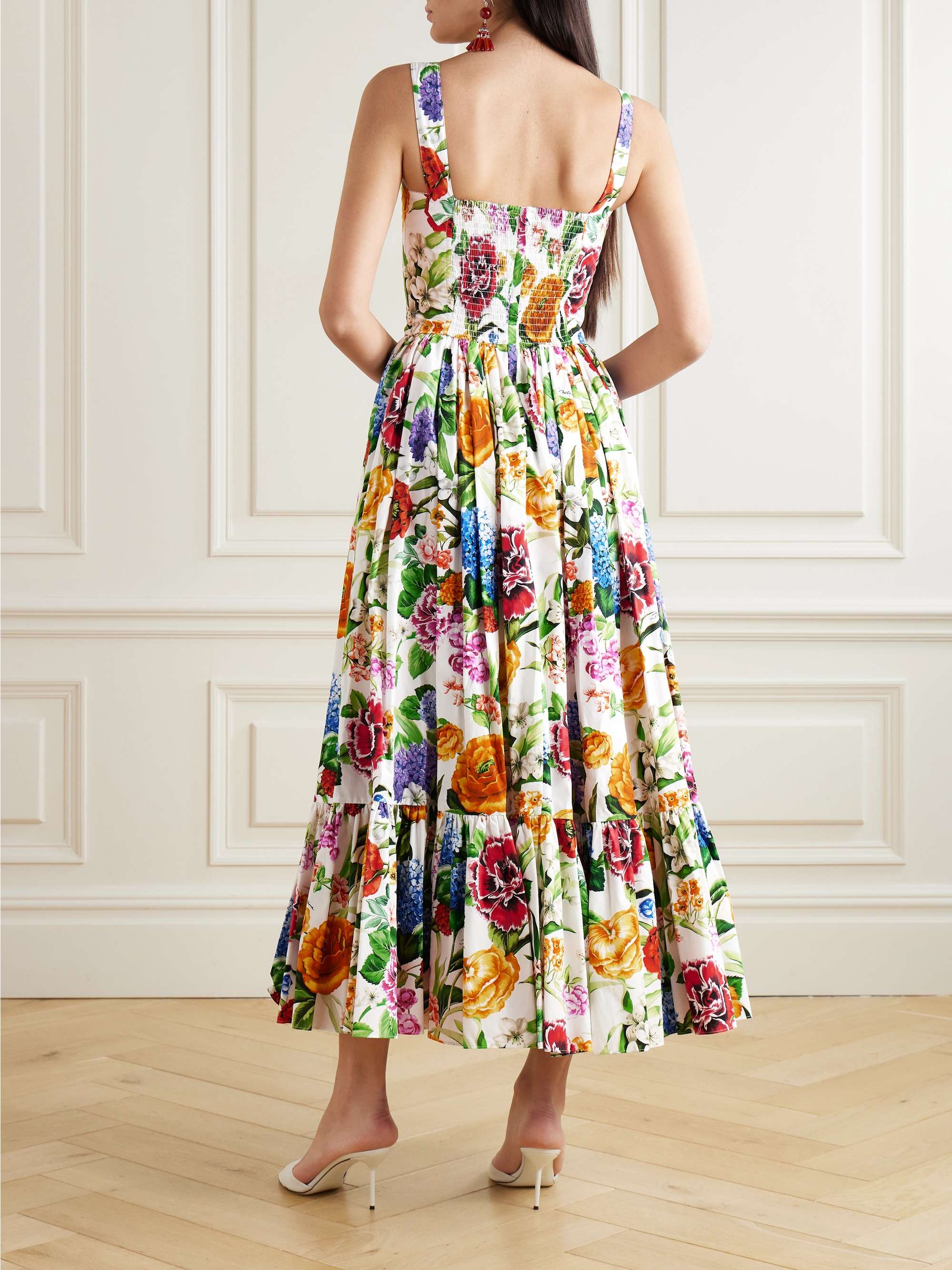 Tiered pleated floral-print cotton-poplin midi dress view