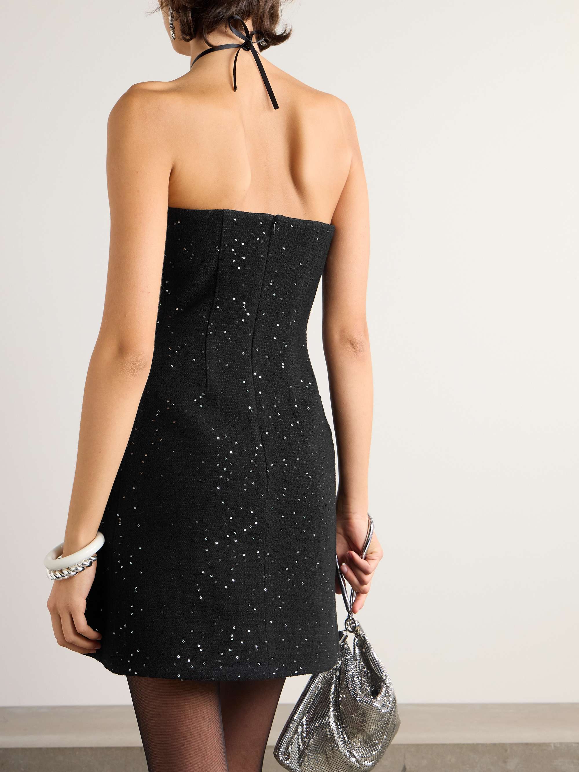 Bow and sequin-embellished wool-blend tweed mini dress view
