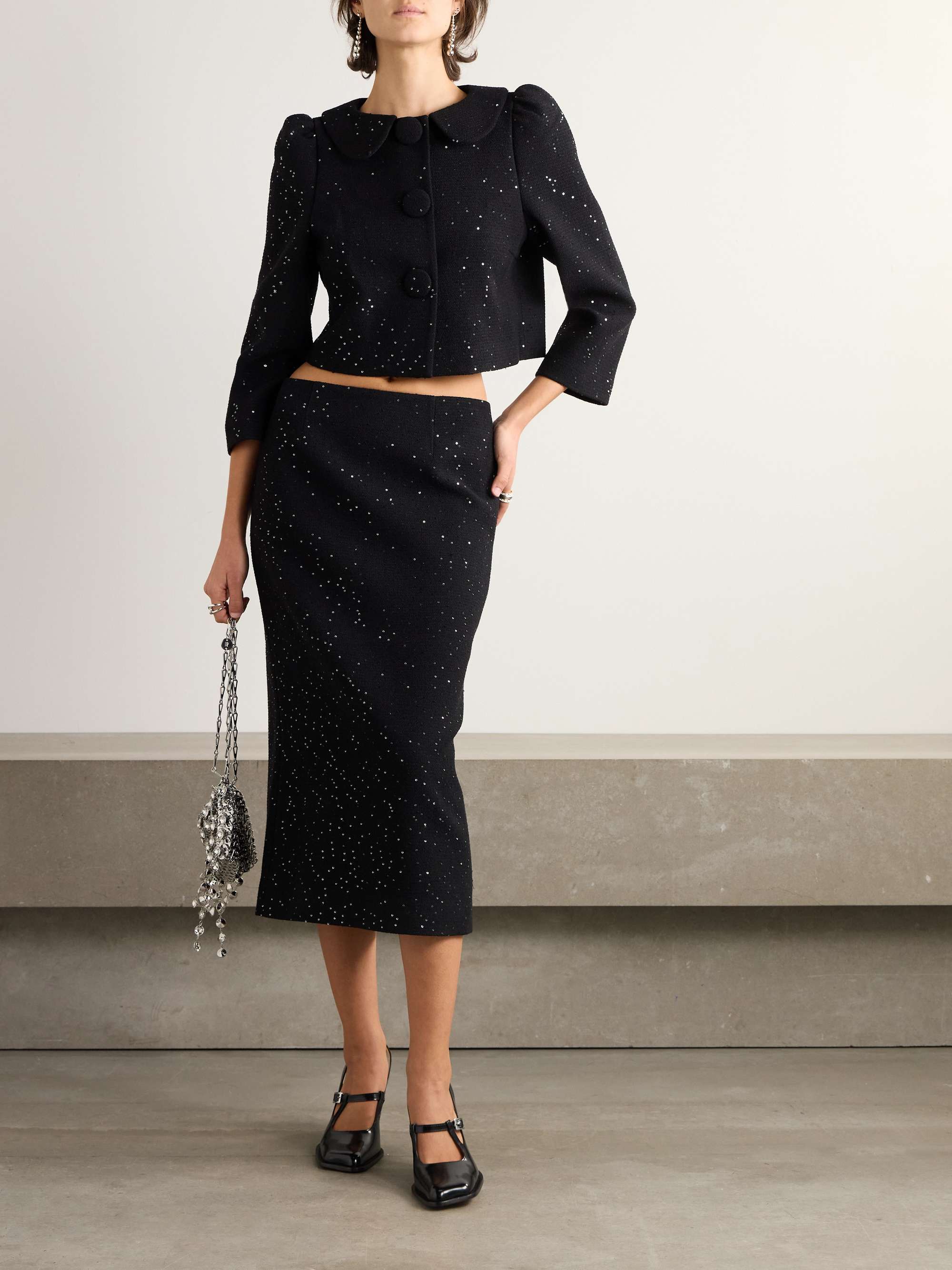 Sequined wool-blend tweed midi skirt view