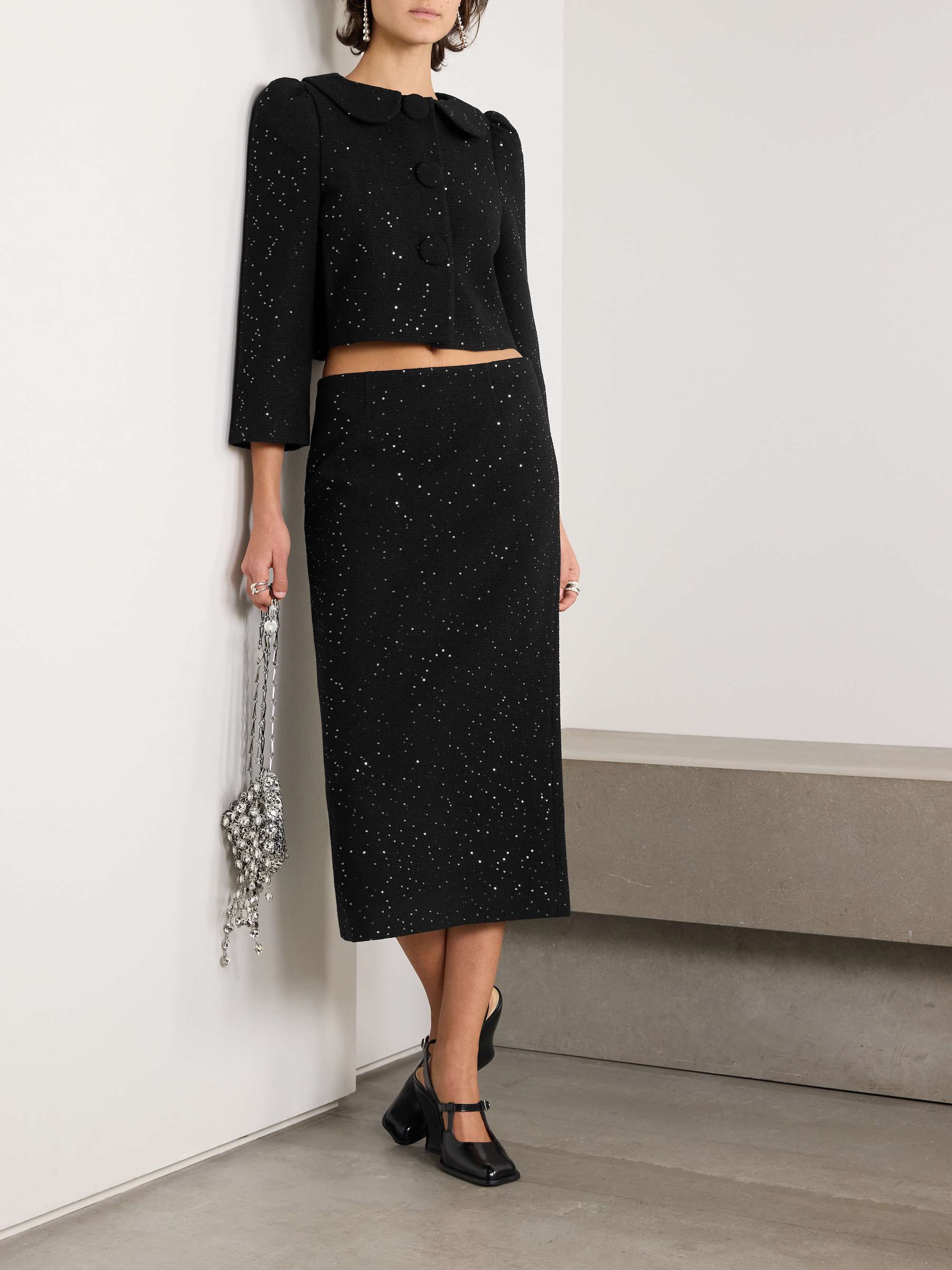 Cropped sequined wool-blend tweed jacket view