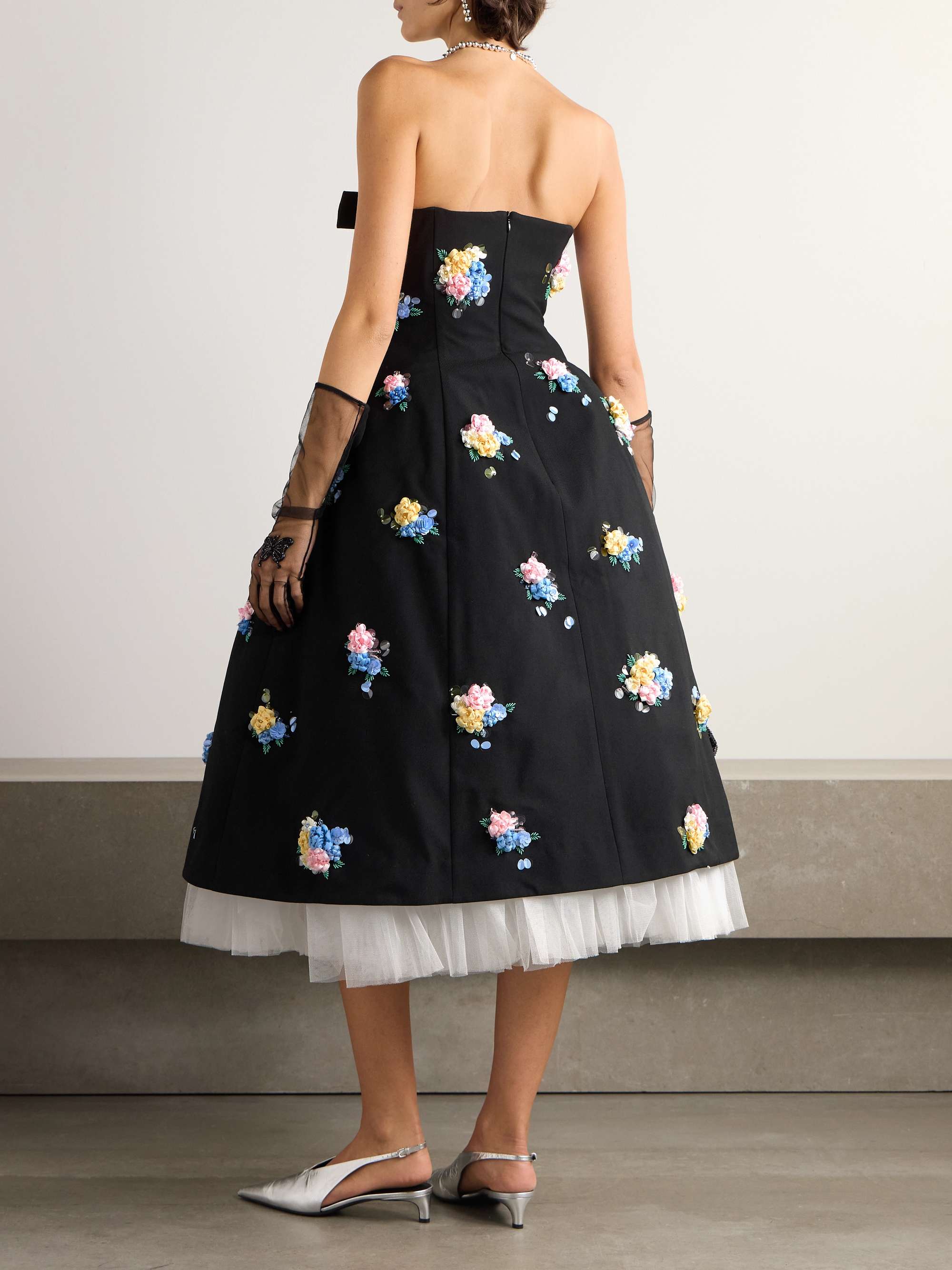 Strapless bow-detailed embellished twill midi dress view