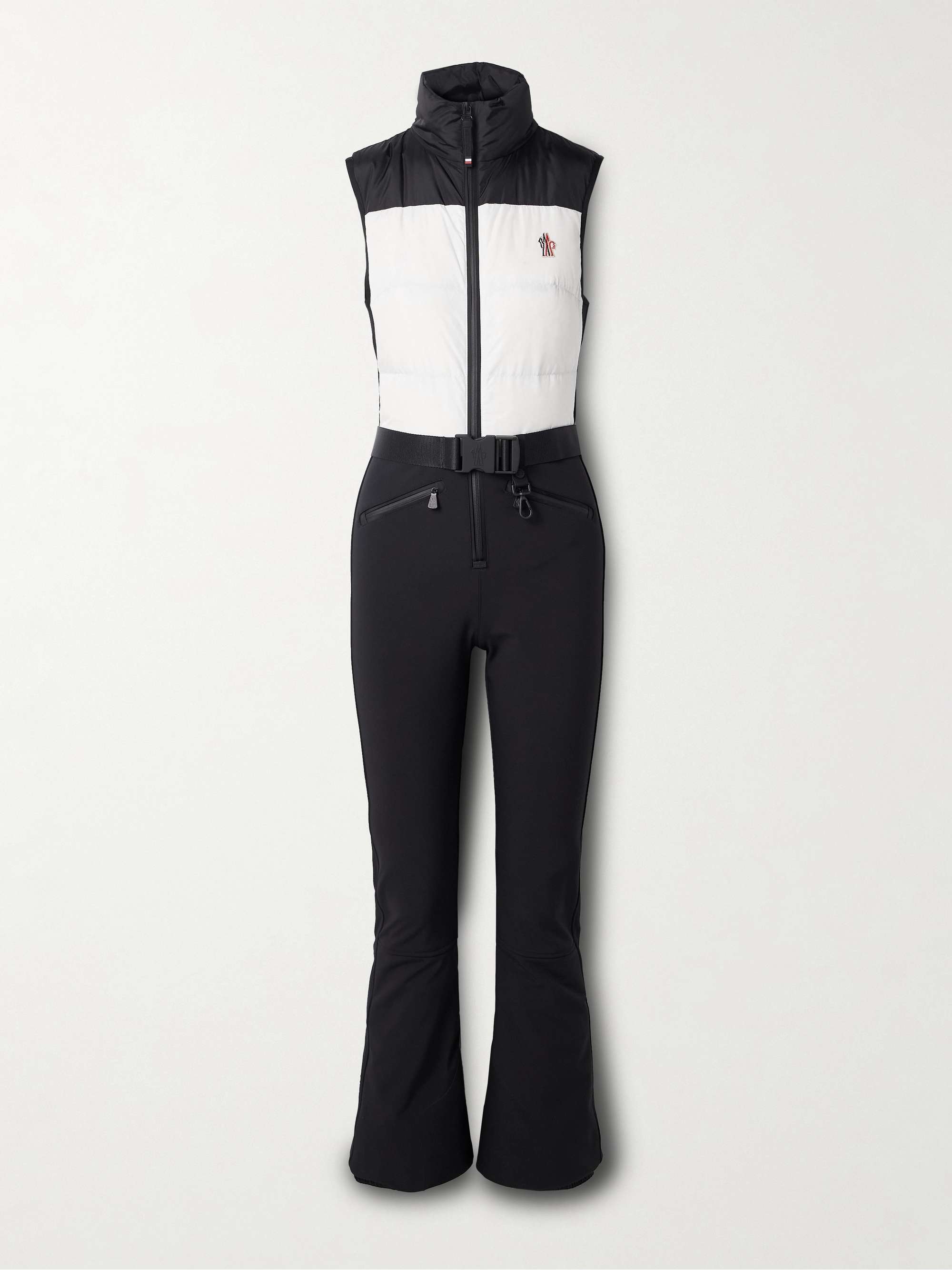Belted paneled quilted down ski suit view