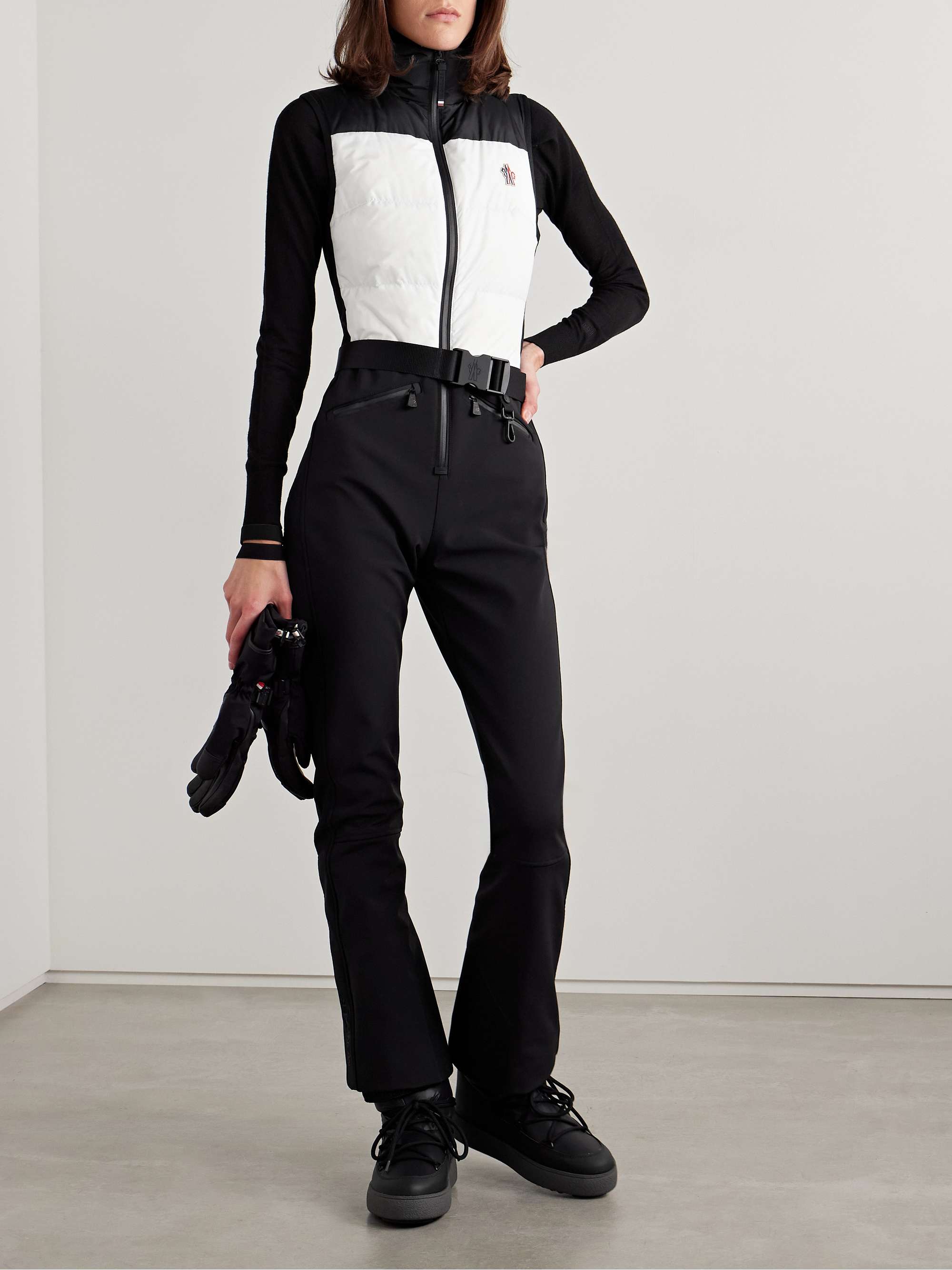 Belted paneled quilted down ski suit view