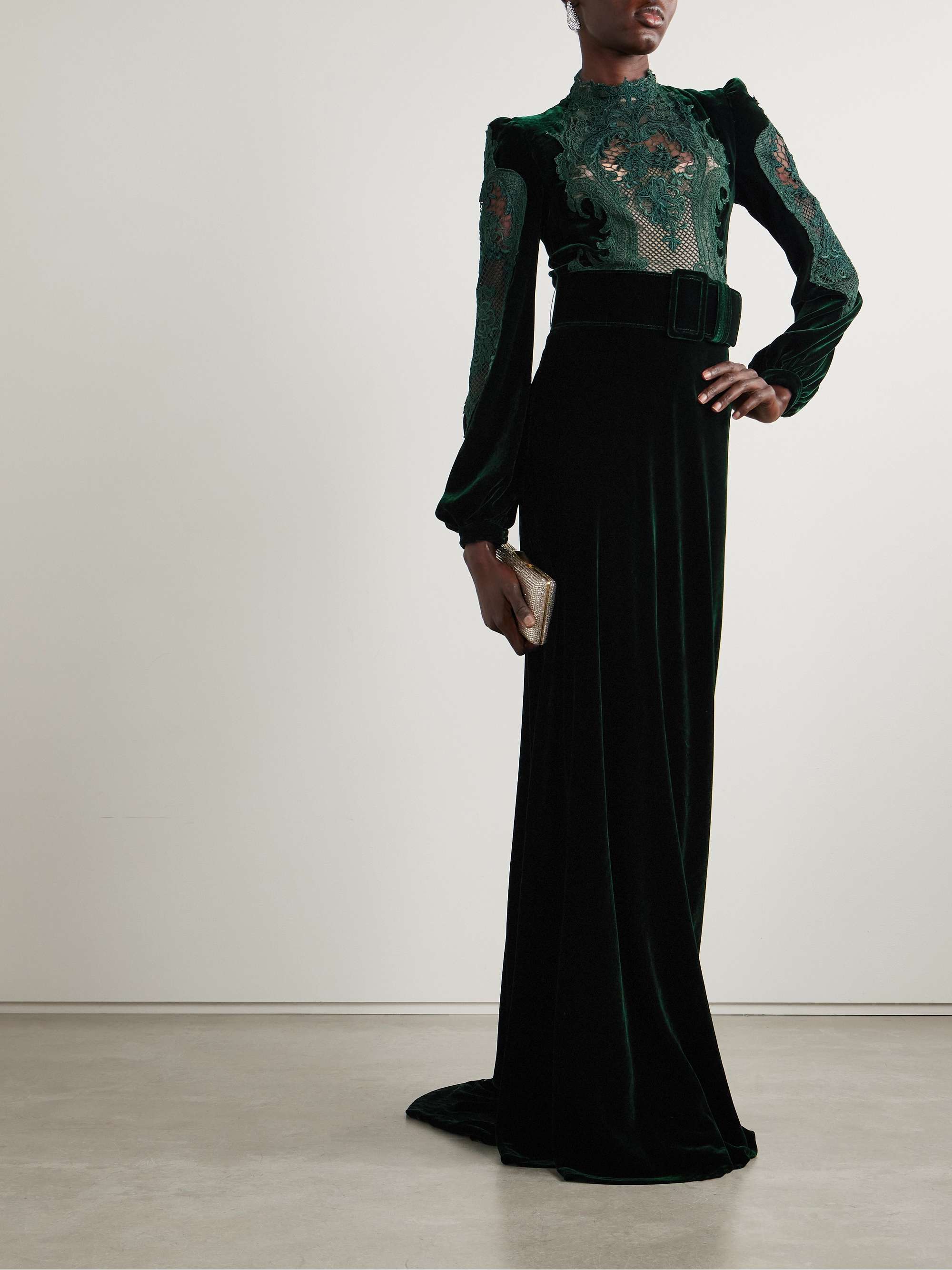 Belted corded lace-trimmed velvet gown view