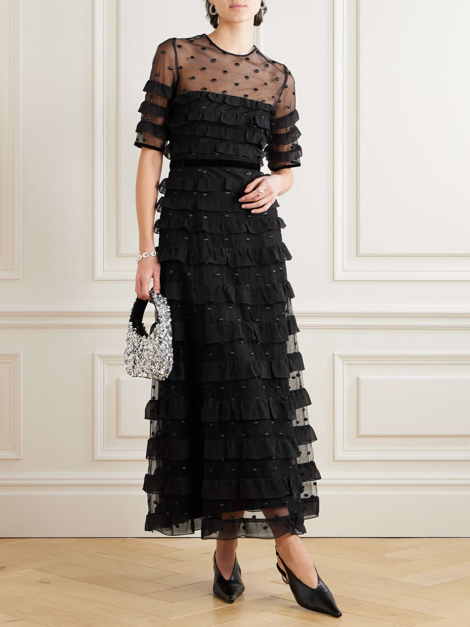 Velvet-trimmed point d'esprit and ruffled chiffon midi dress view