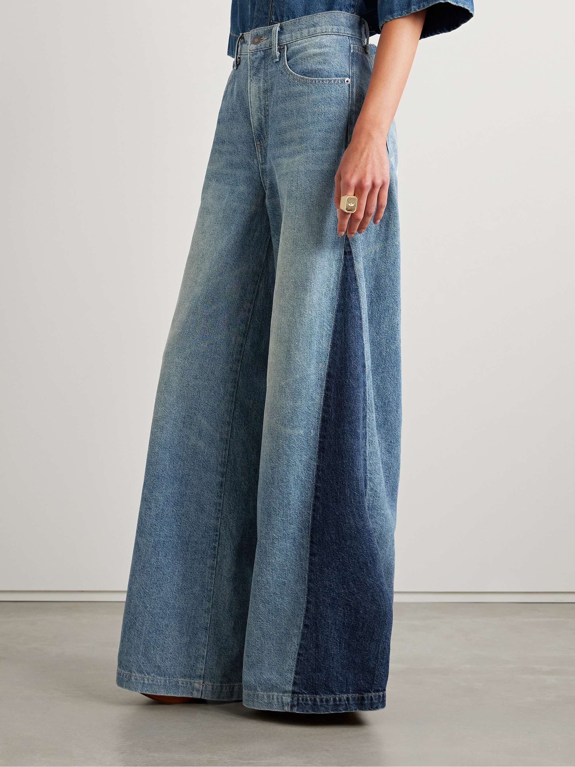 Ebony paneled two-tone high-rise wide-leg jeans view