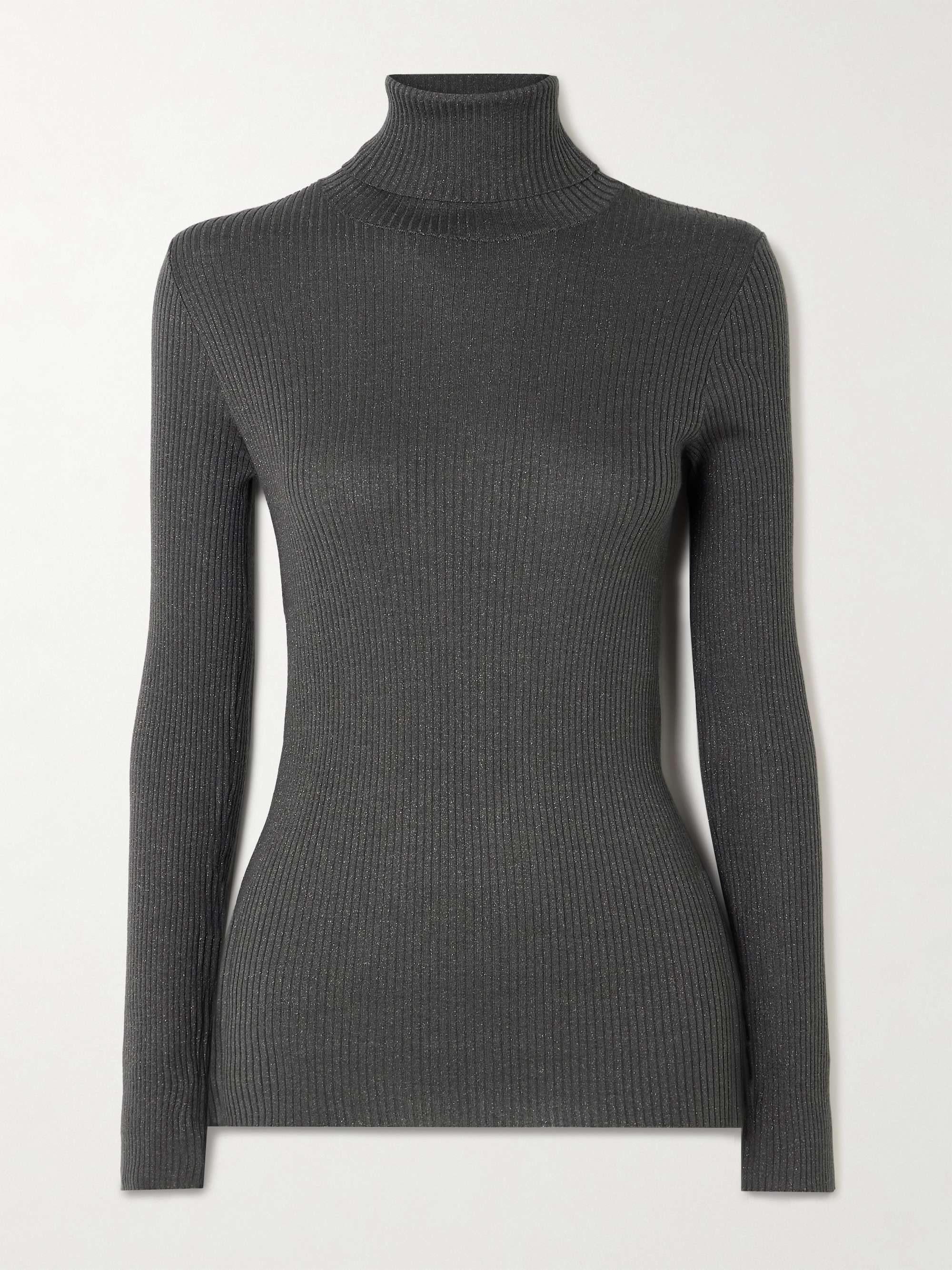 Ribbed metallic cashmere-blend turtleneck sweater view