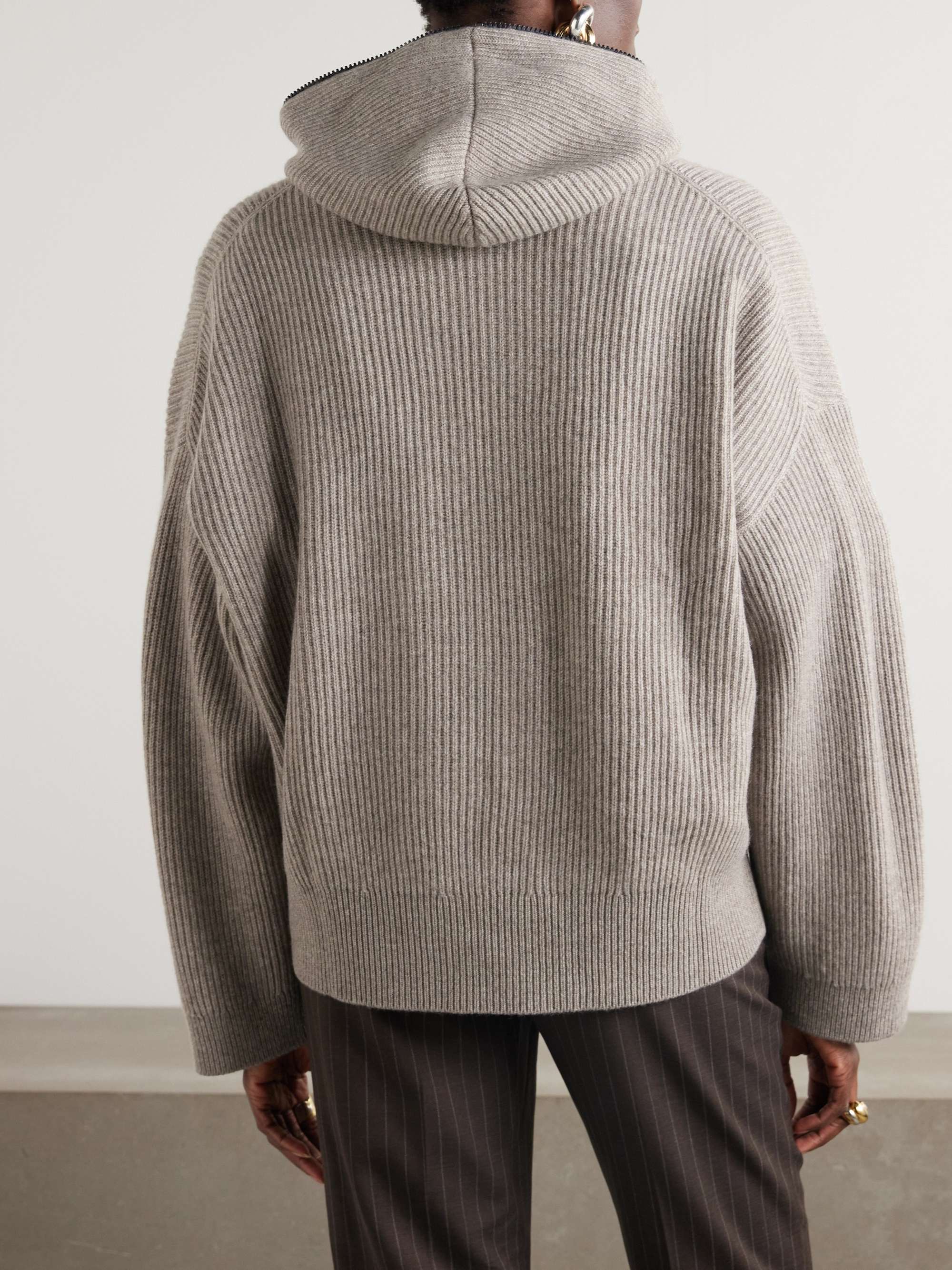 Hooded ribbed cashmere half-zip sweater view