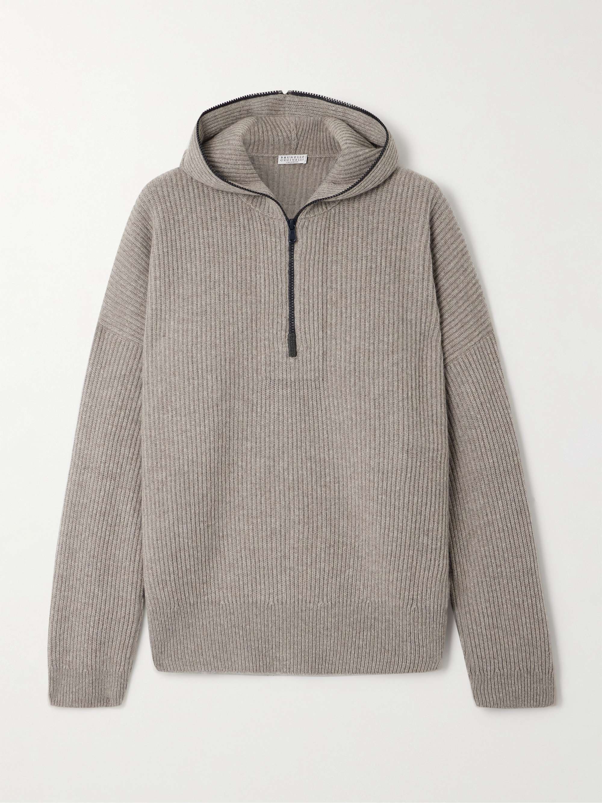 Hooded ribbed cashmere half-zip sweater view