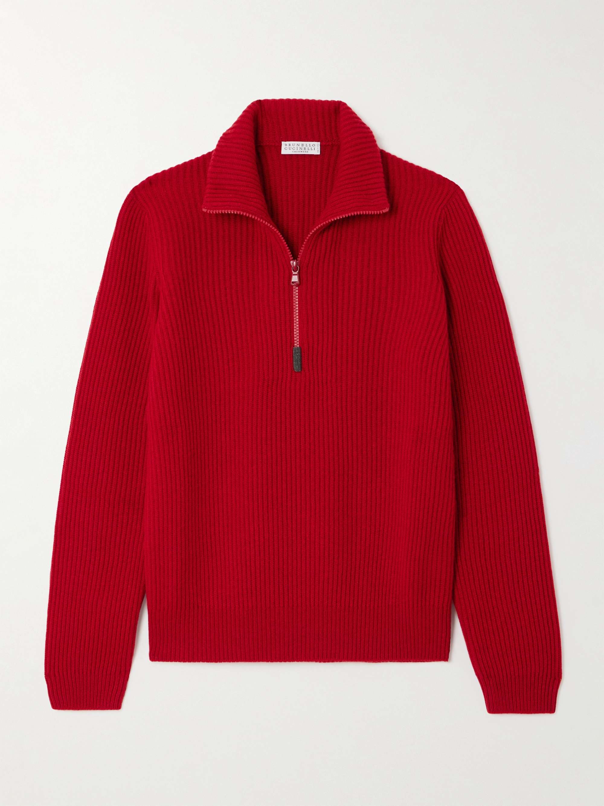 Bead-embellished turtleneck ribbed cashmere polo sweater view