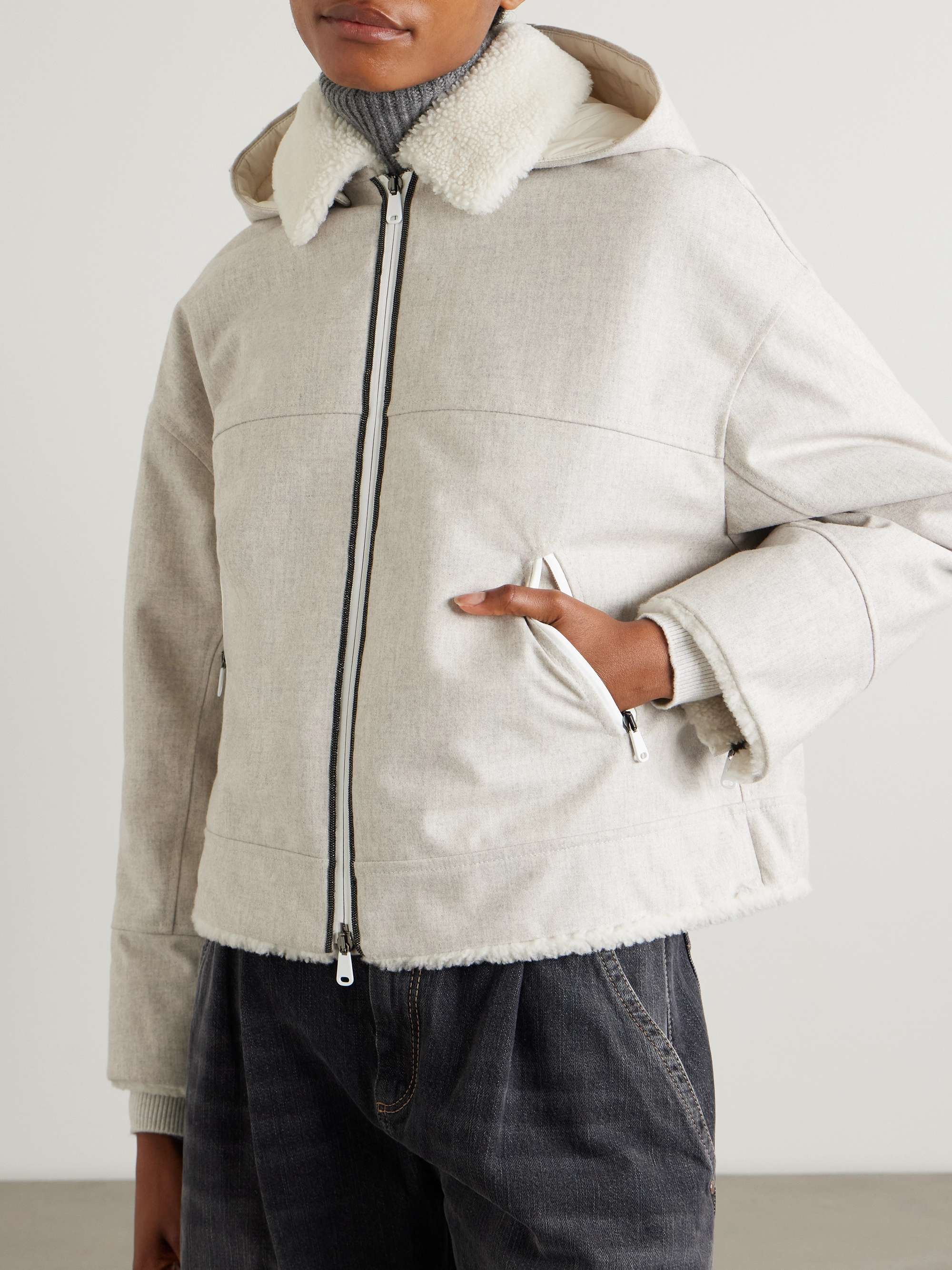 Bead-embellished hooded shearling-trimmed wool coat view