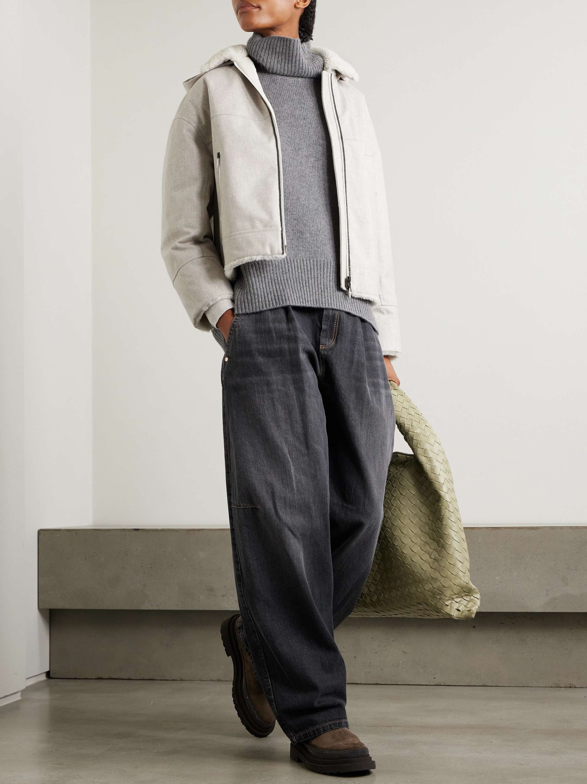 Bead-embellished hooded shearling-trimmed wool coat view