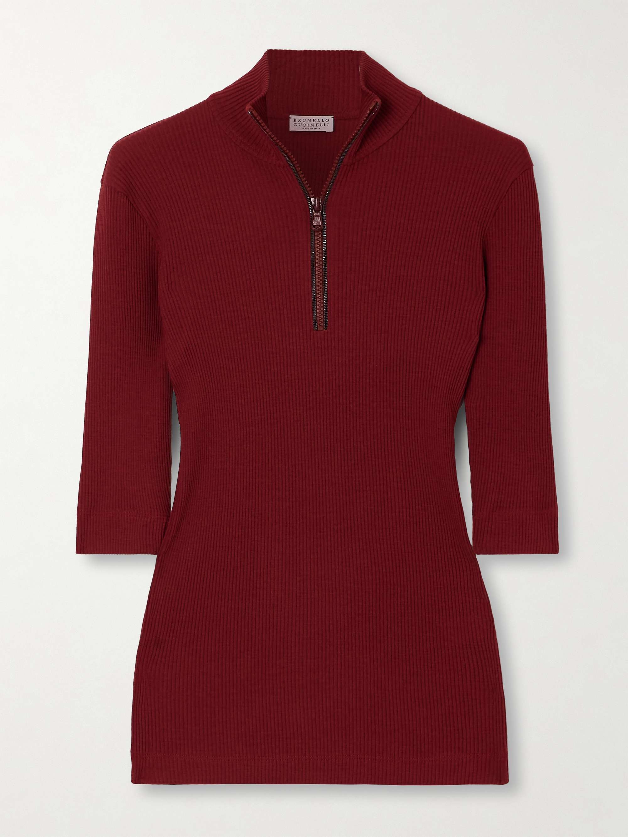 Bead-embellished ribbed wool turtleneck top view
