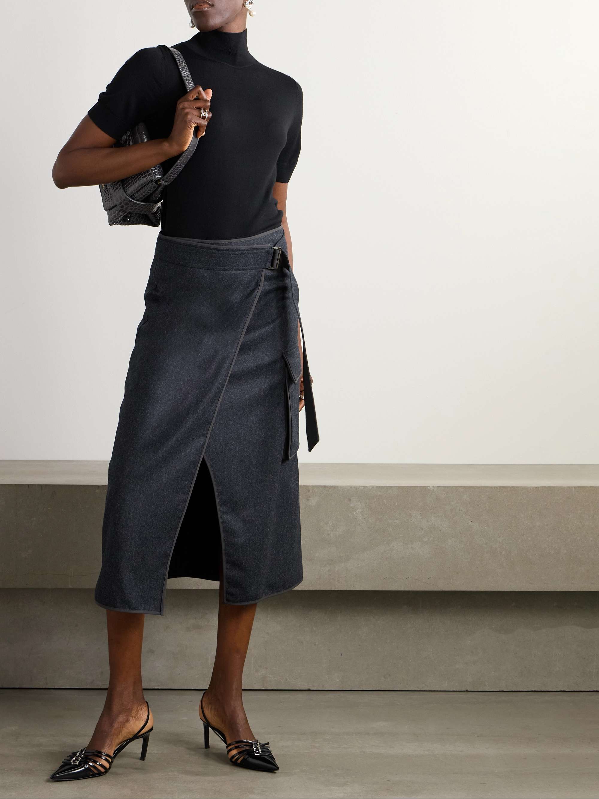 Shell-trimmed wool-felt wrap midi skirt view