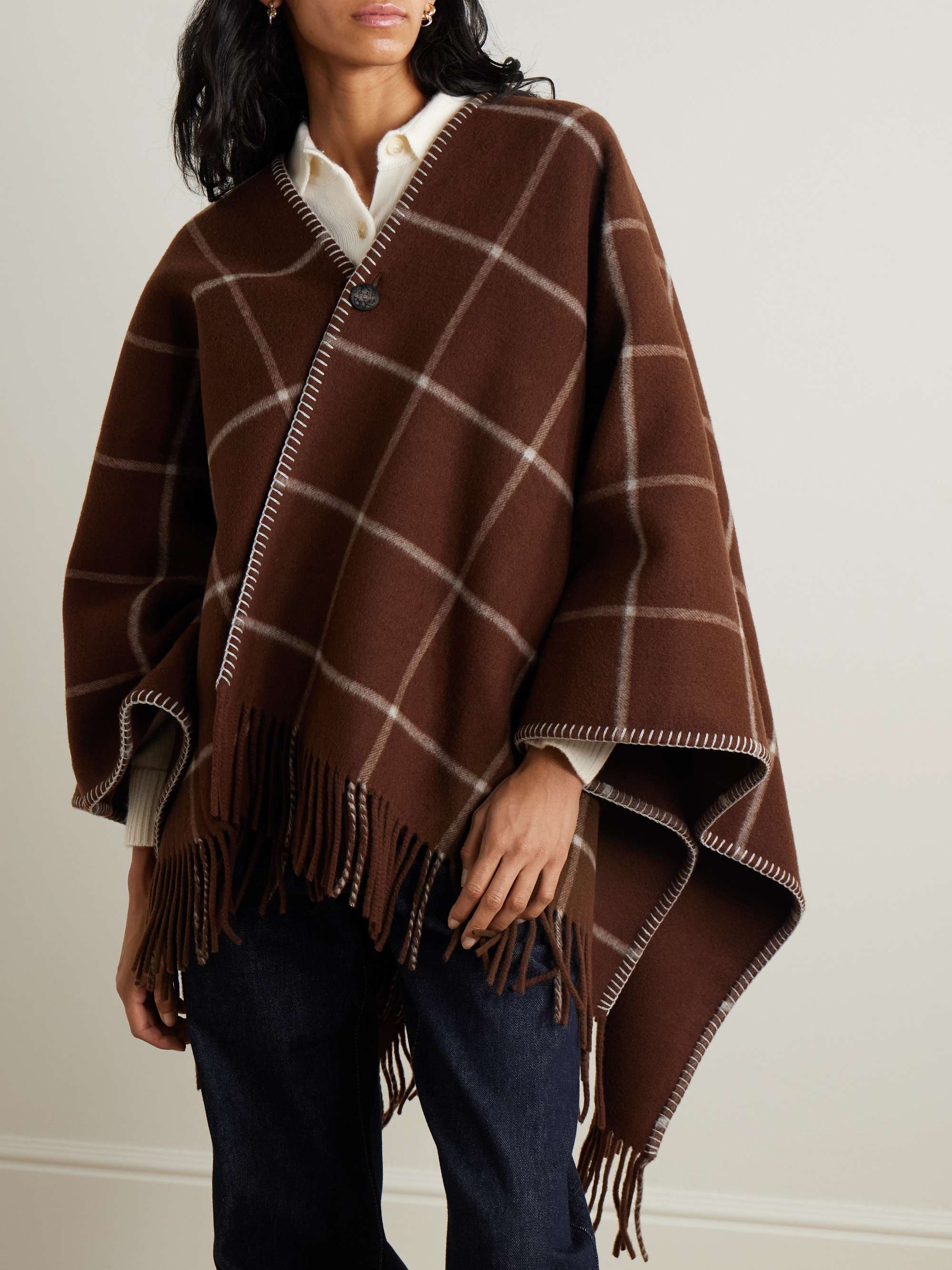 Welbeck fringed whipstitched-trimmed checked wool and cashmere-blend cape view