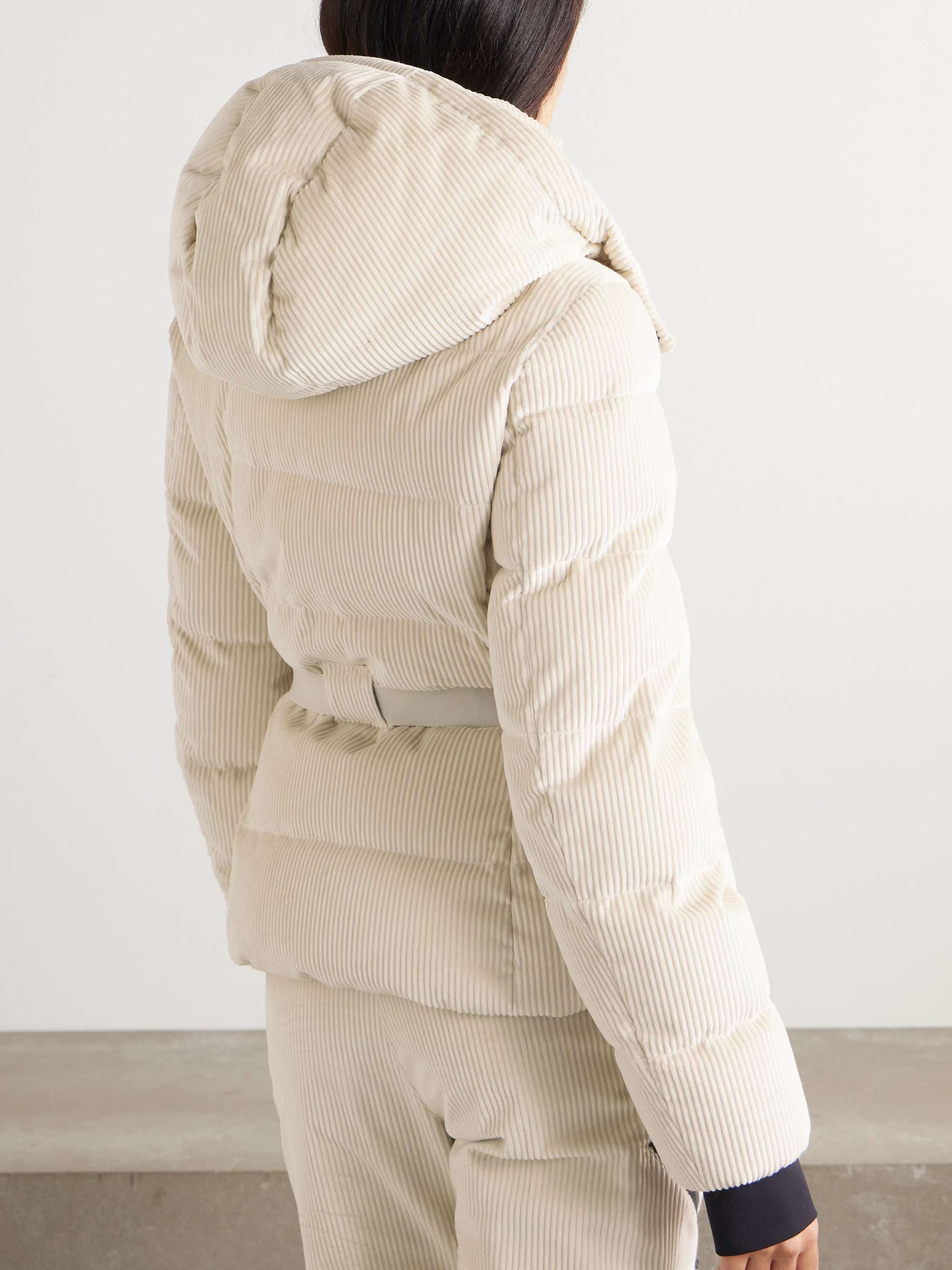 Hooded belted bead-embellished ribbed cotton-velvet ski jacket view