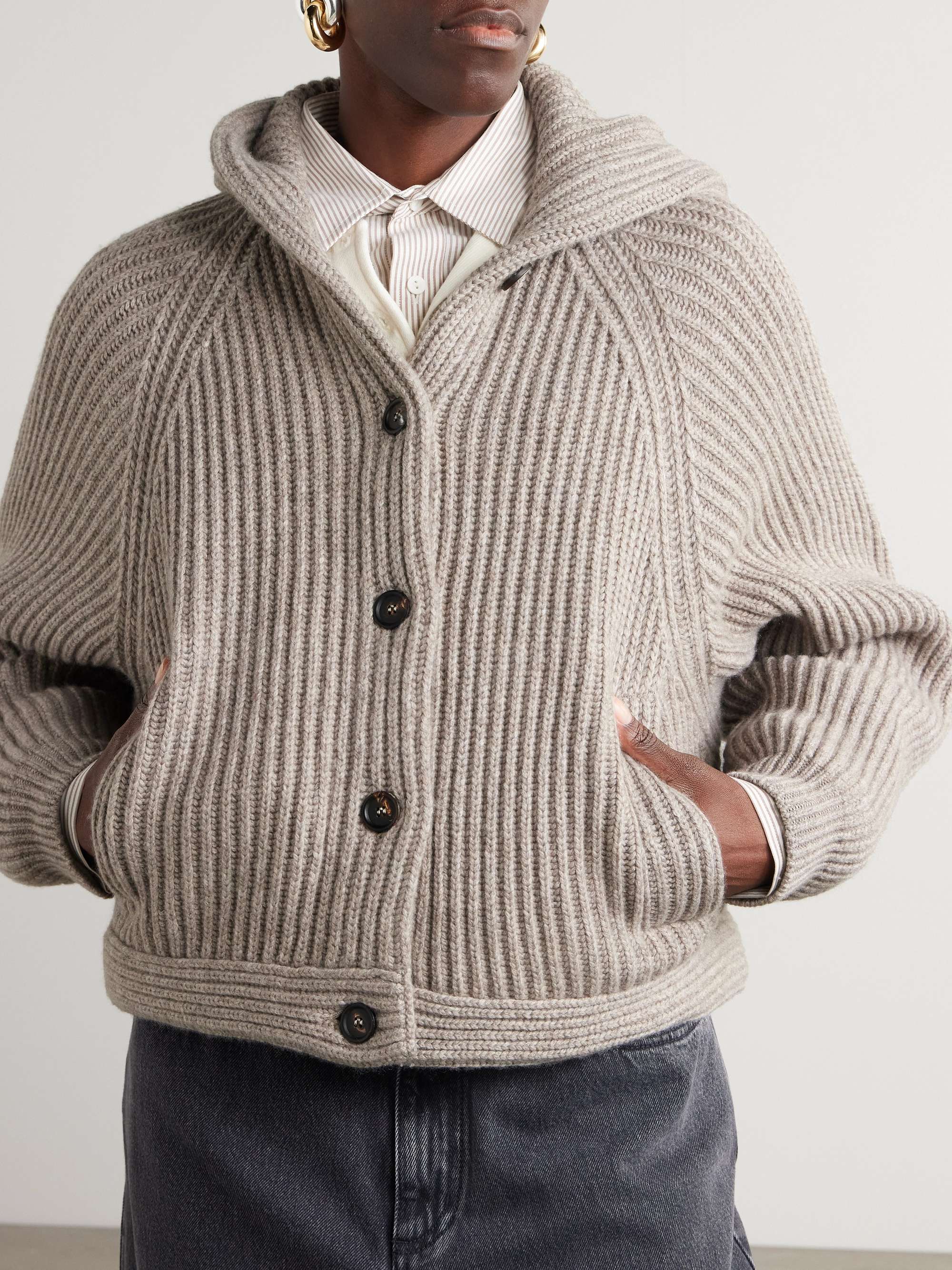 Hooded ribbed cashmere cardigan view