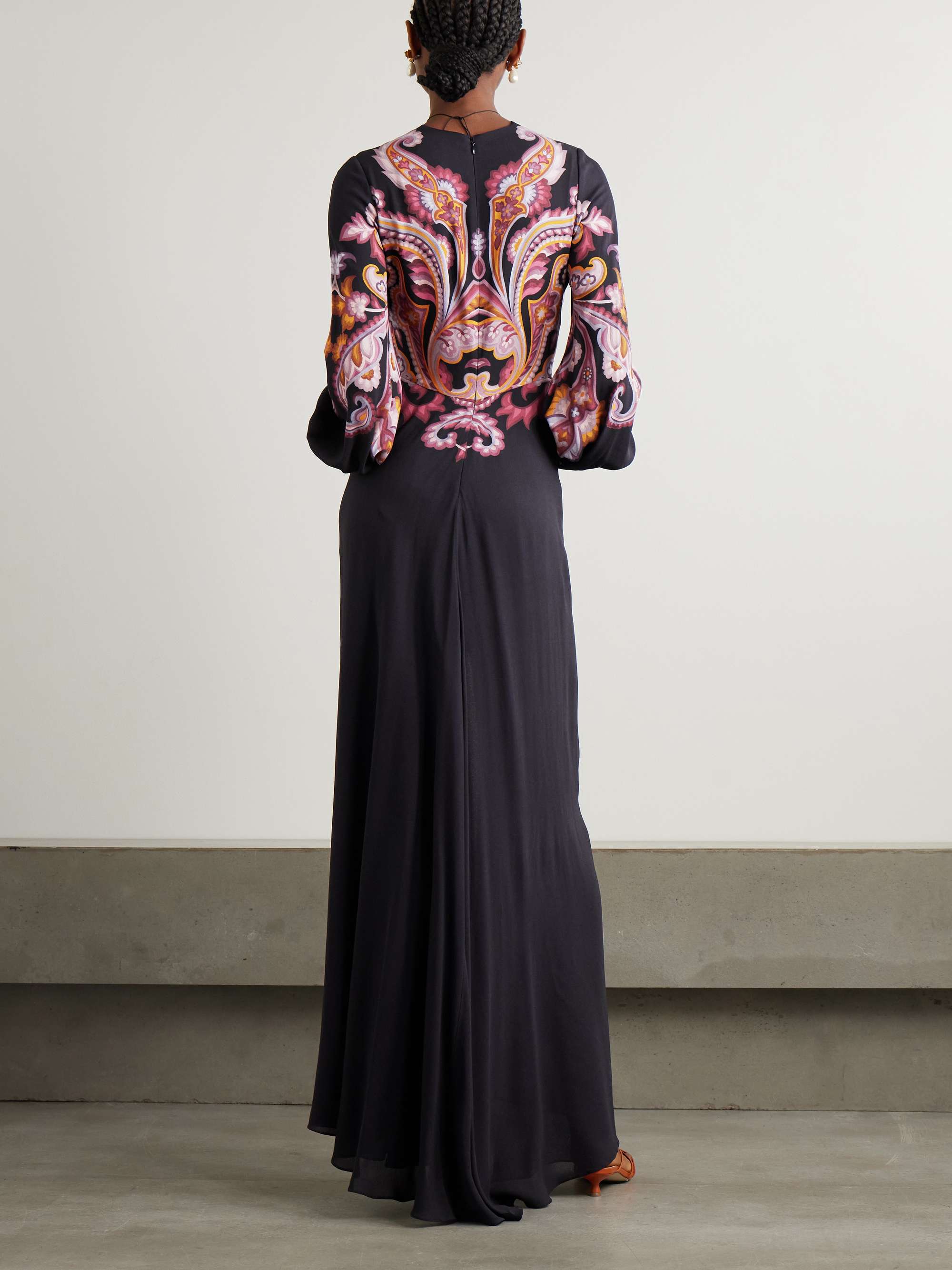 Gathered printed crepe de chine maxi dress view