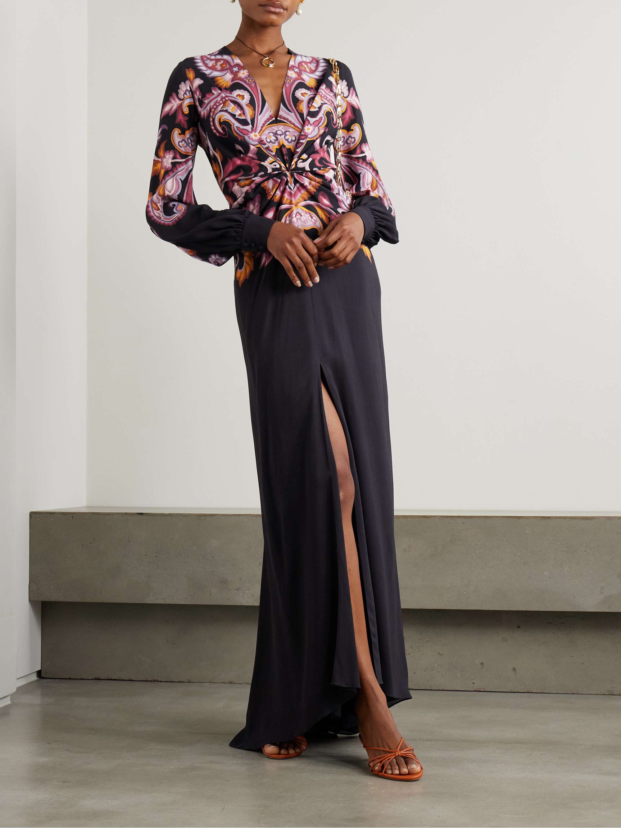 Gathered printed crepe de chine maxi dress view