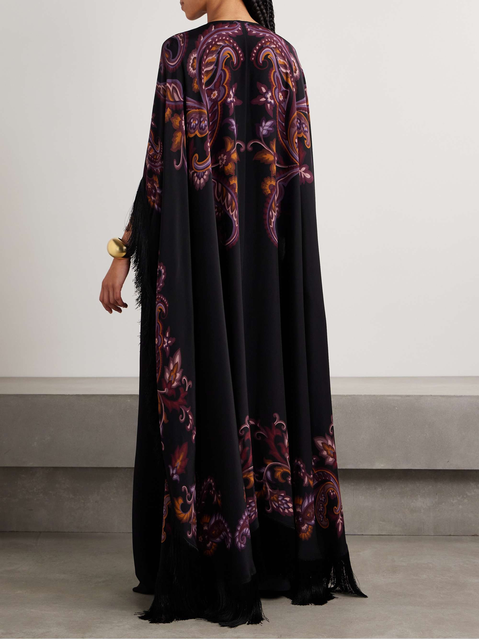 Cape-effect fringed paisley-print silk gown view