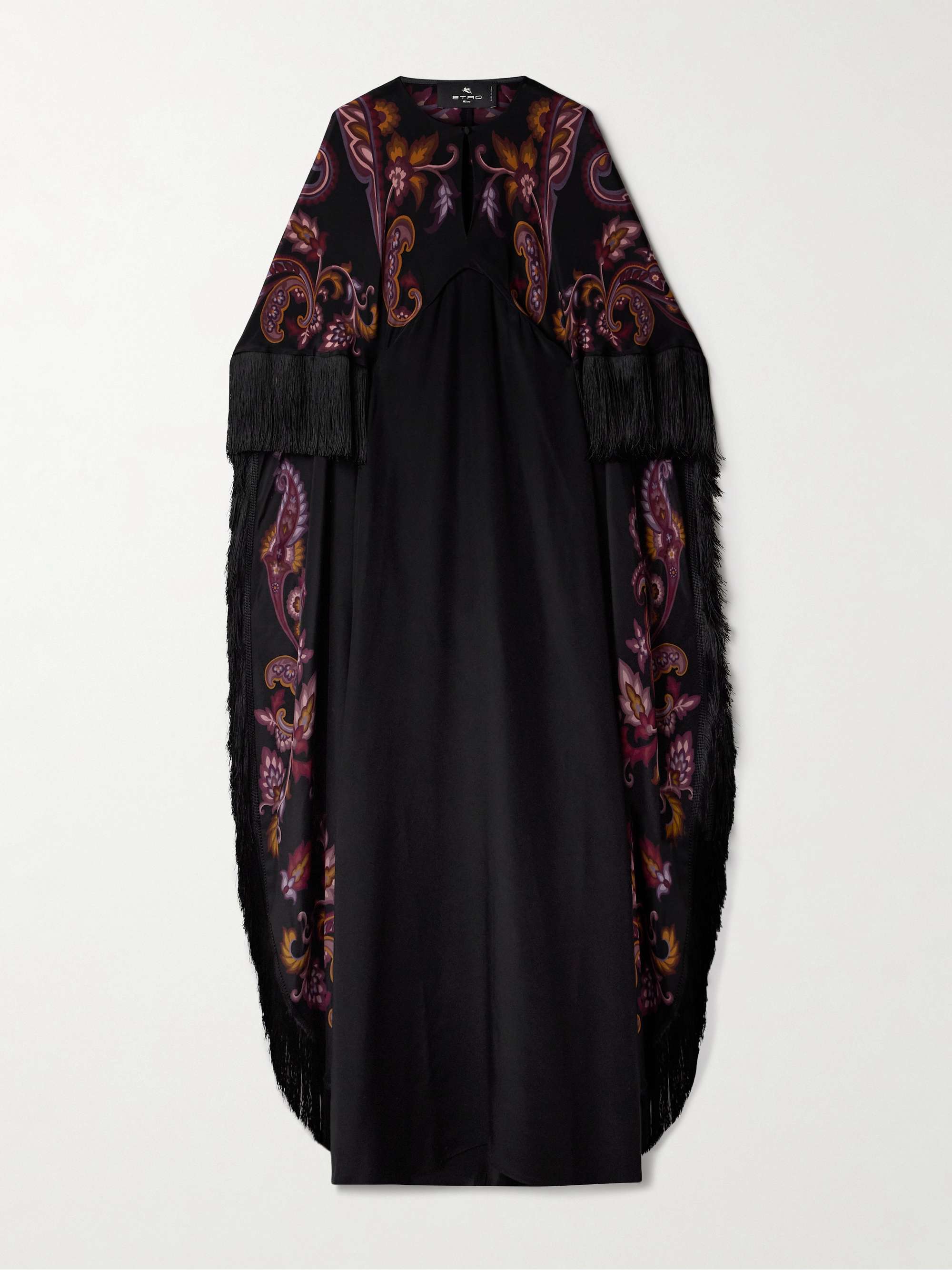 Cape-effect fringed paisley-print silk gown view