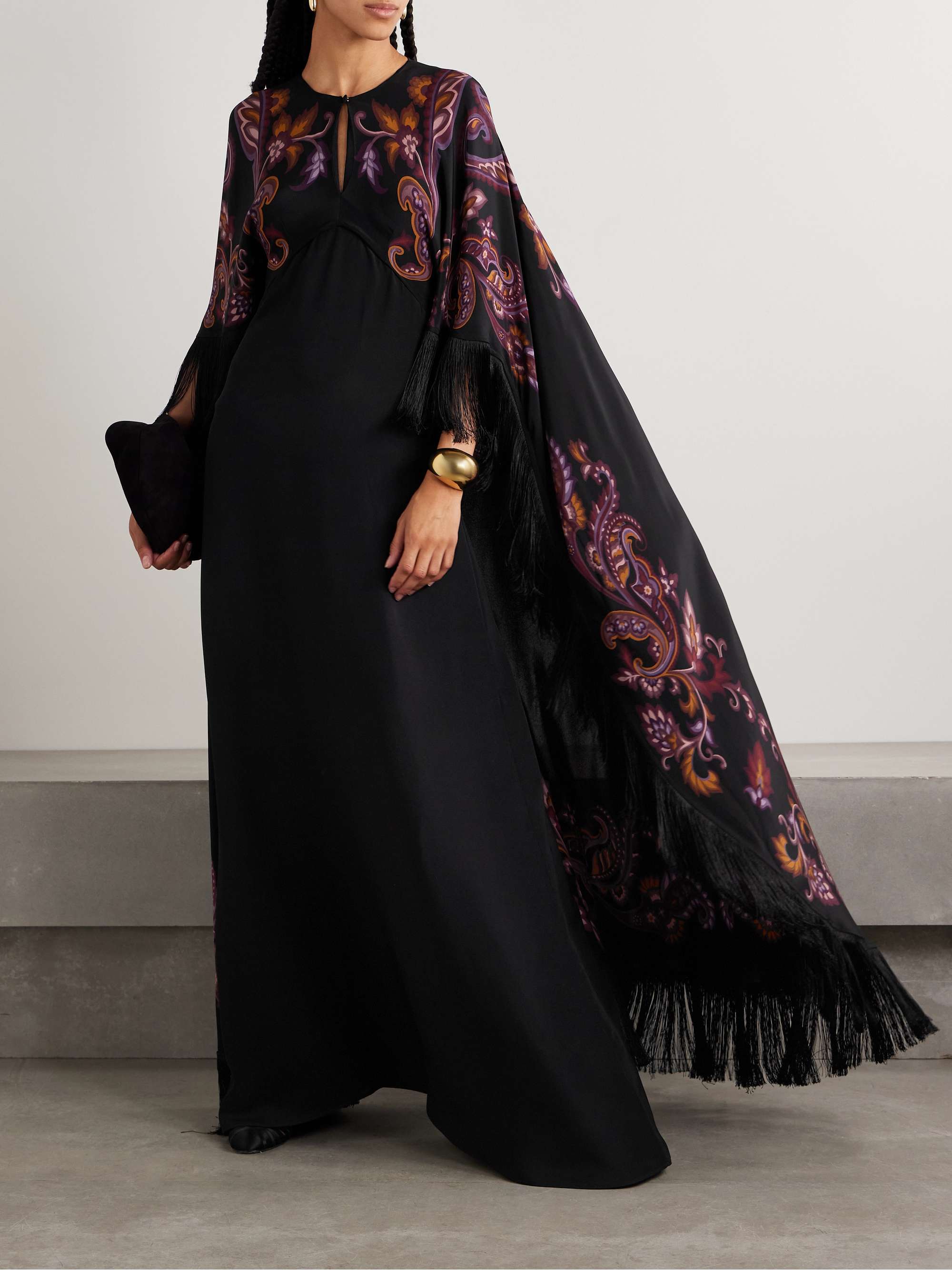 Cape-effect fringed paisley-print silk gown view