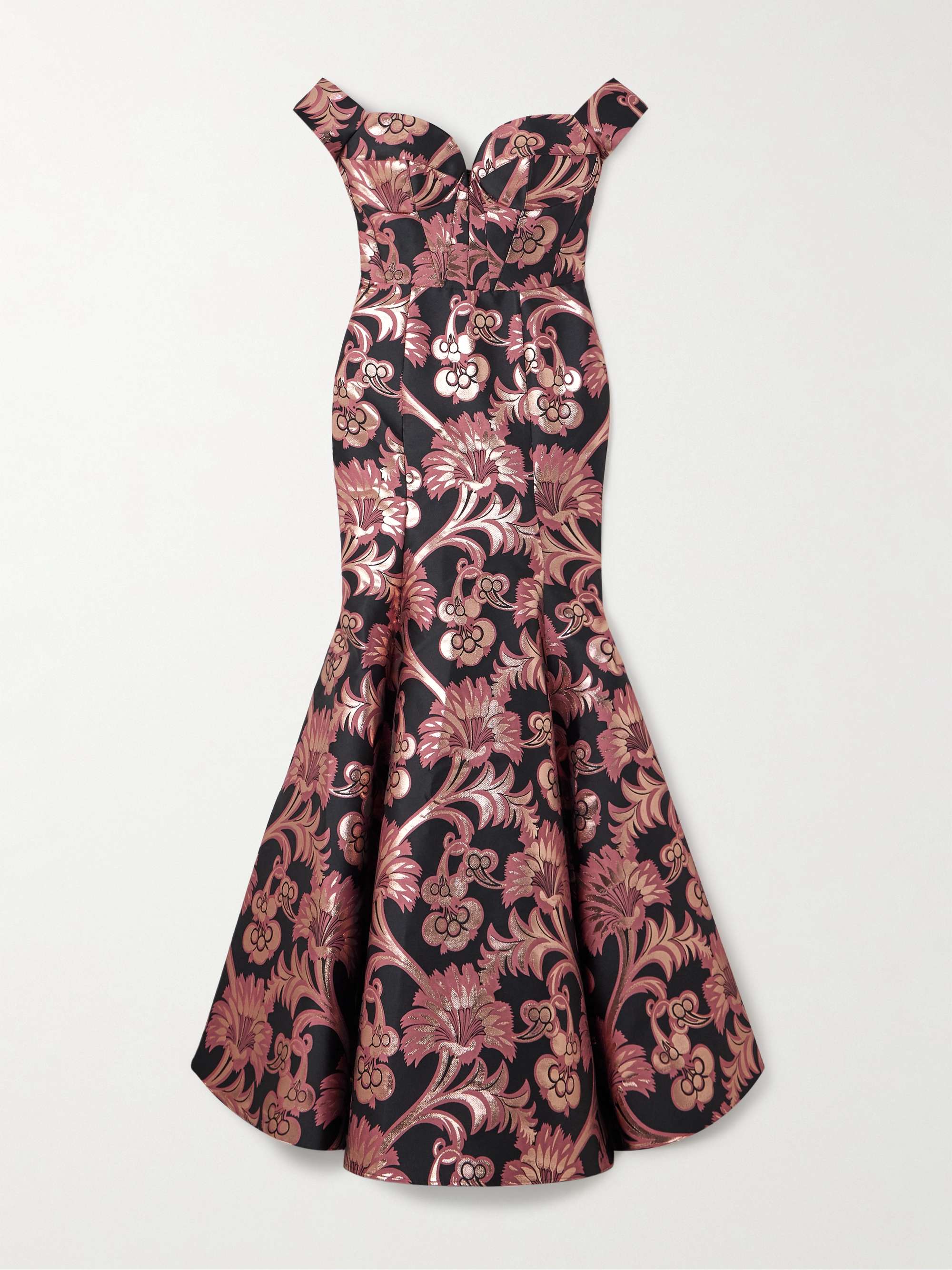 Bardot off-the-shoulder metallic brocade gown view