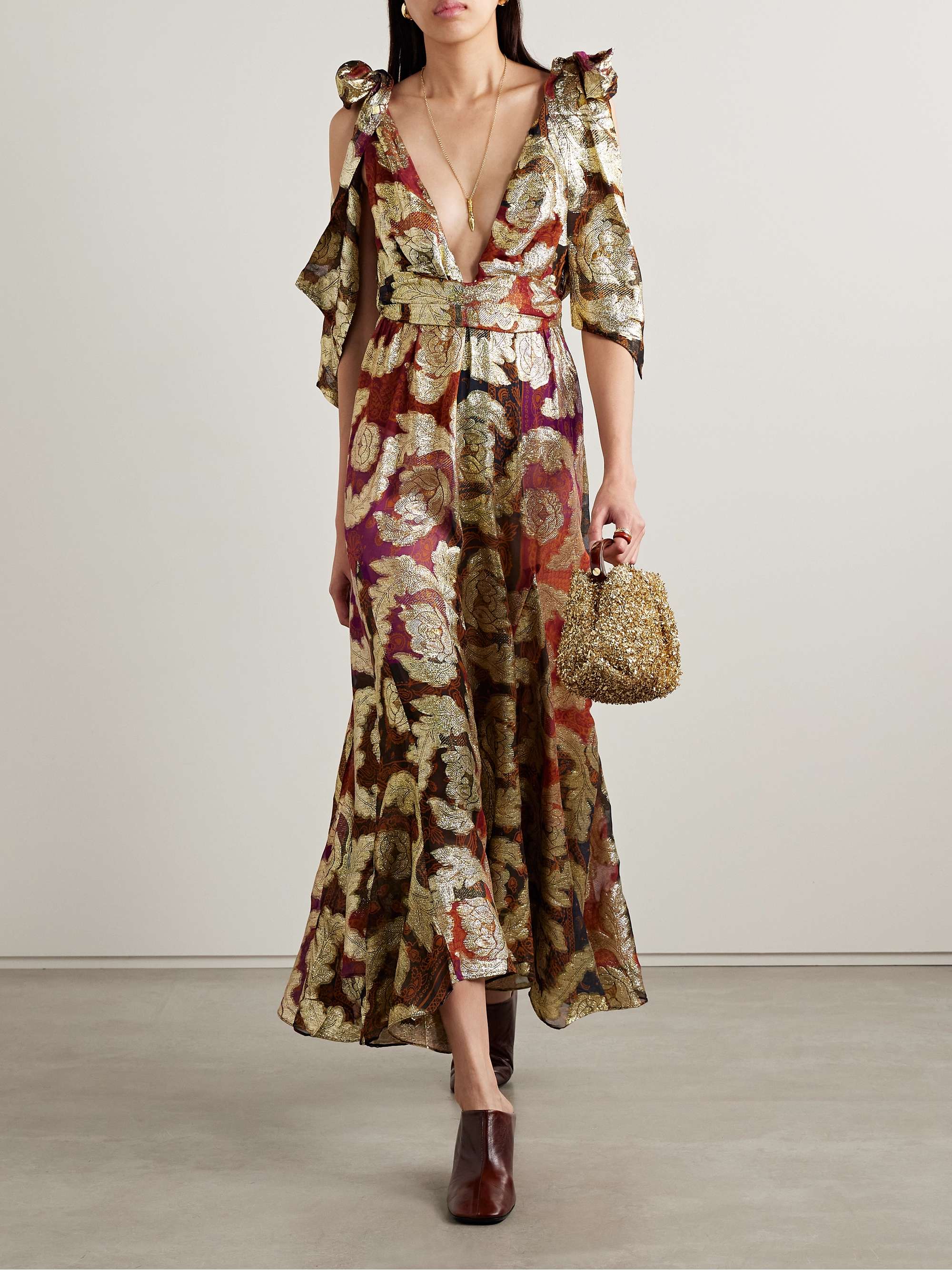 Printed metallic fil coupé chiffon maxi dress view
