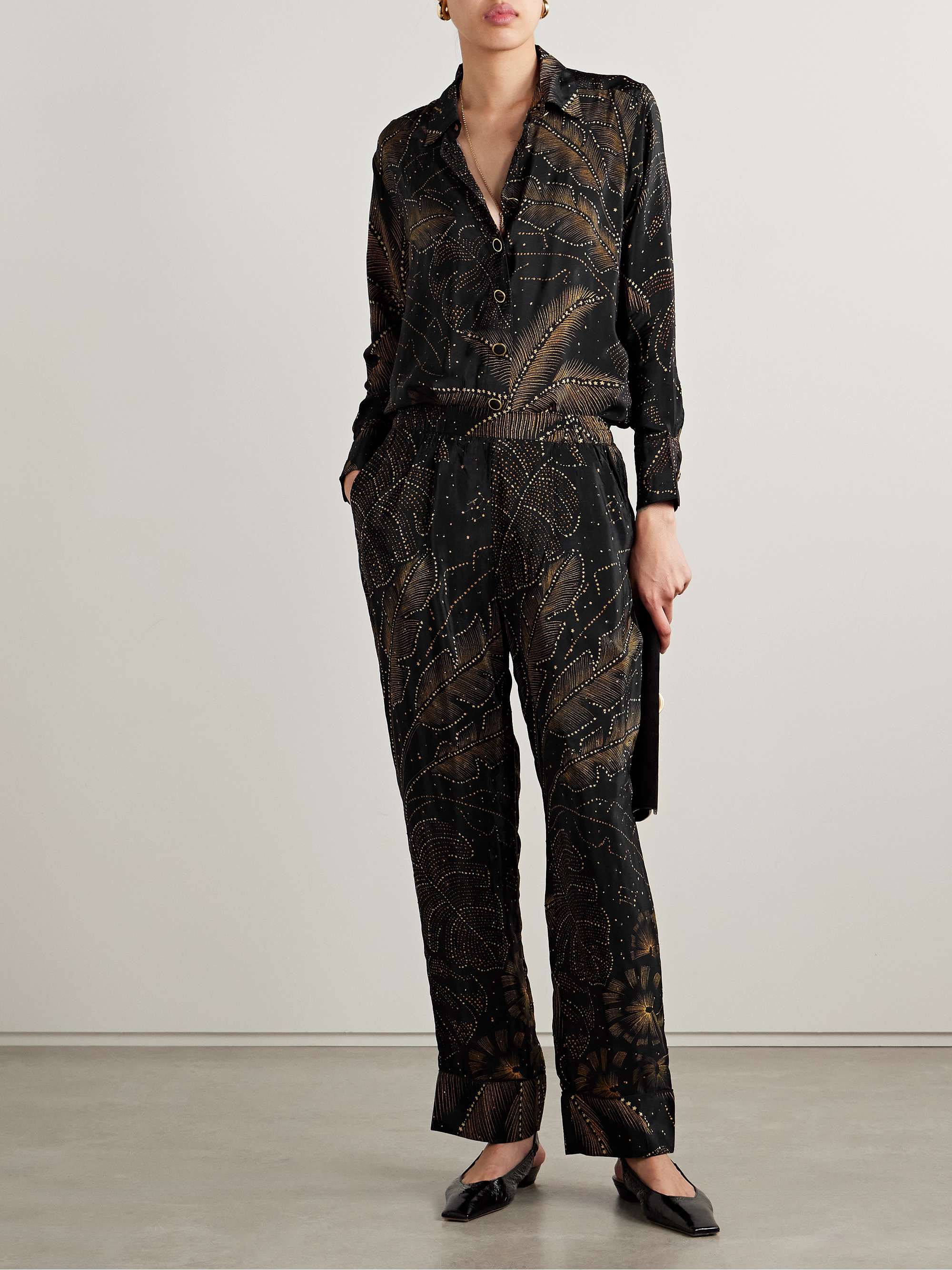 Crystal-embellished printed crepe de chine straight-leg pants view
