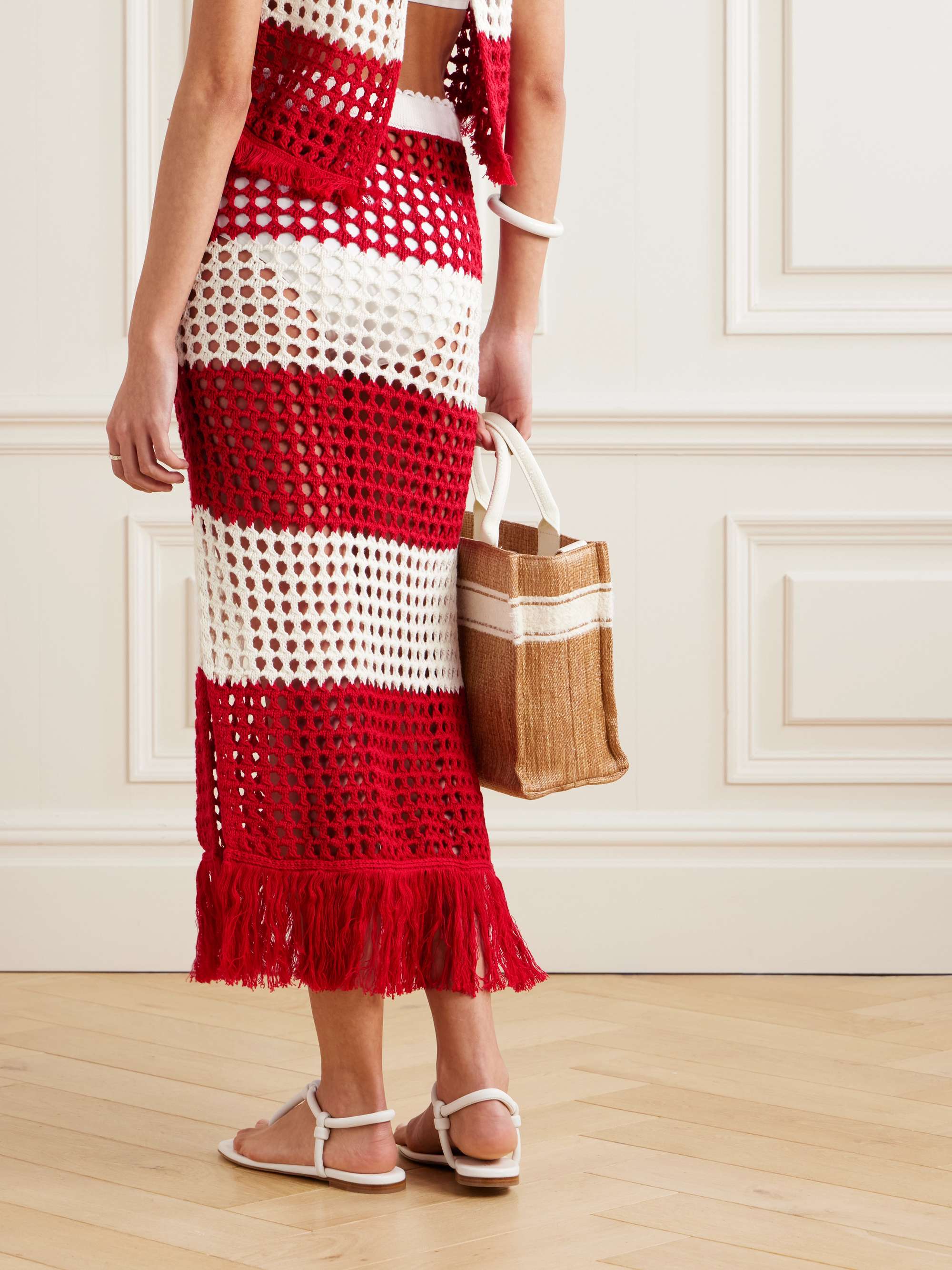 Fringed striped crocheted cotton midi skirt view