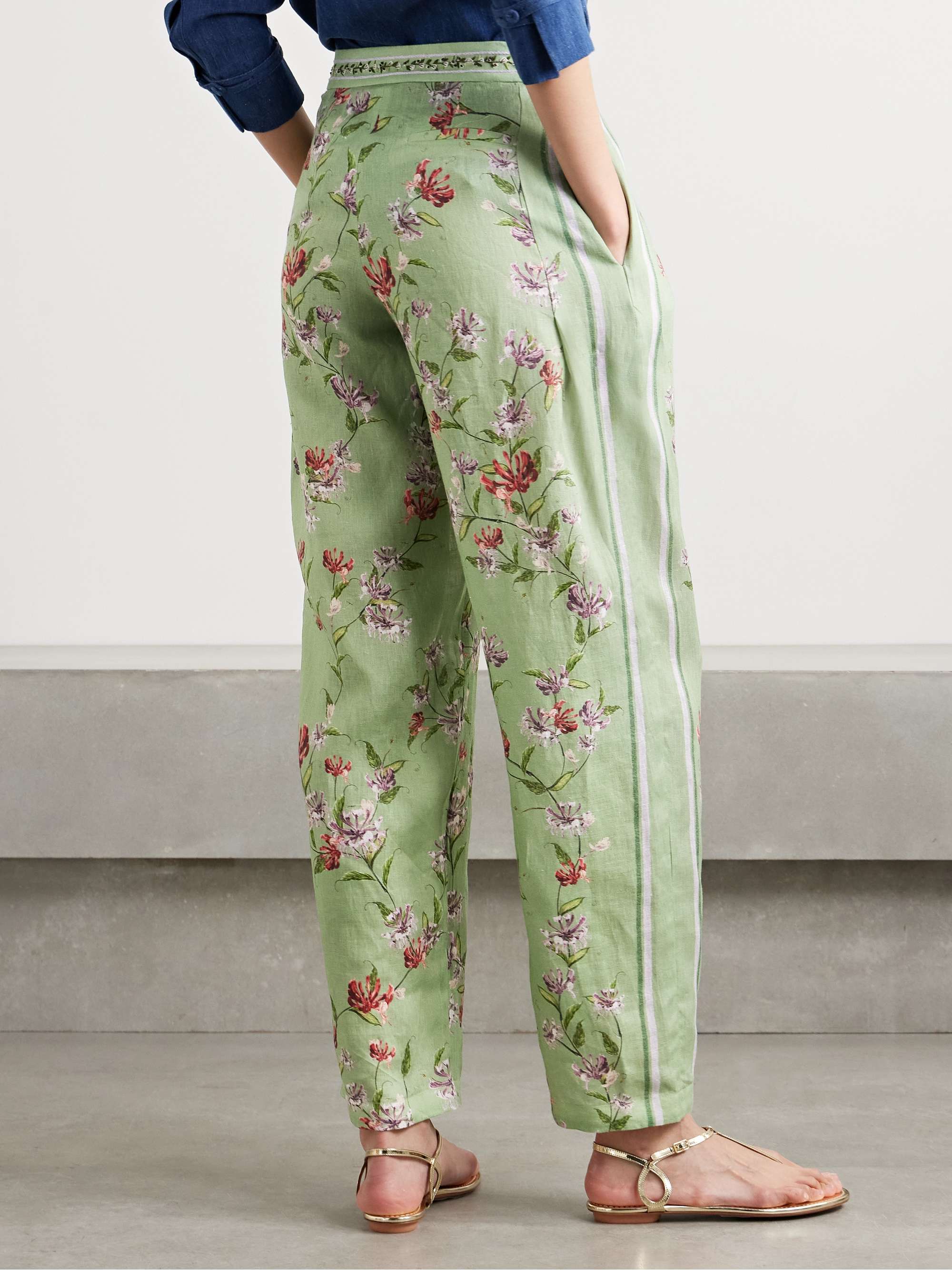 Florecer Honeysuckle pleated embroidered floral-print linen tapered pants view