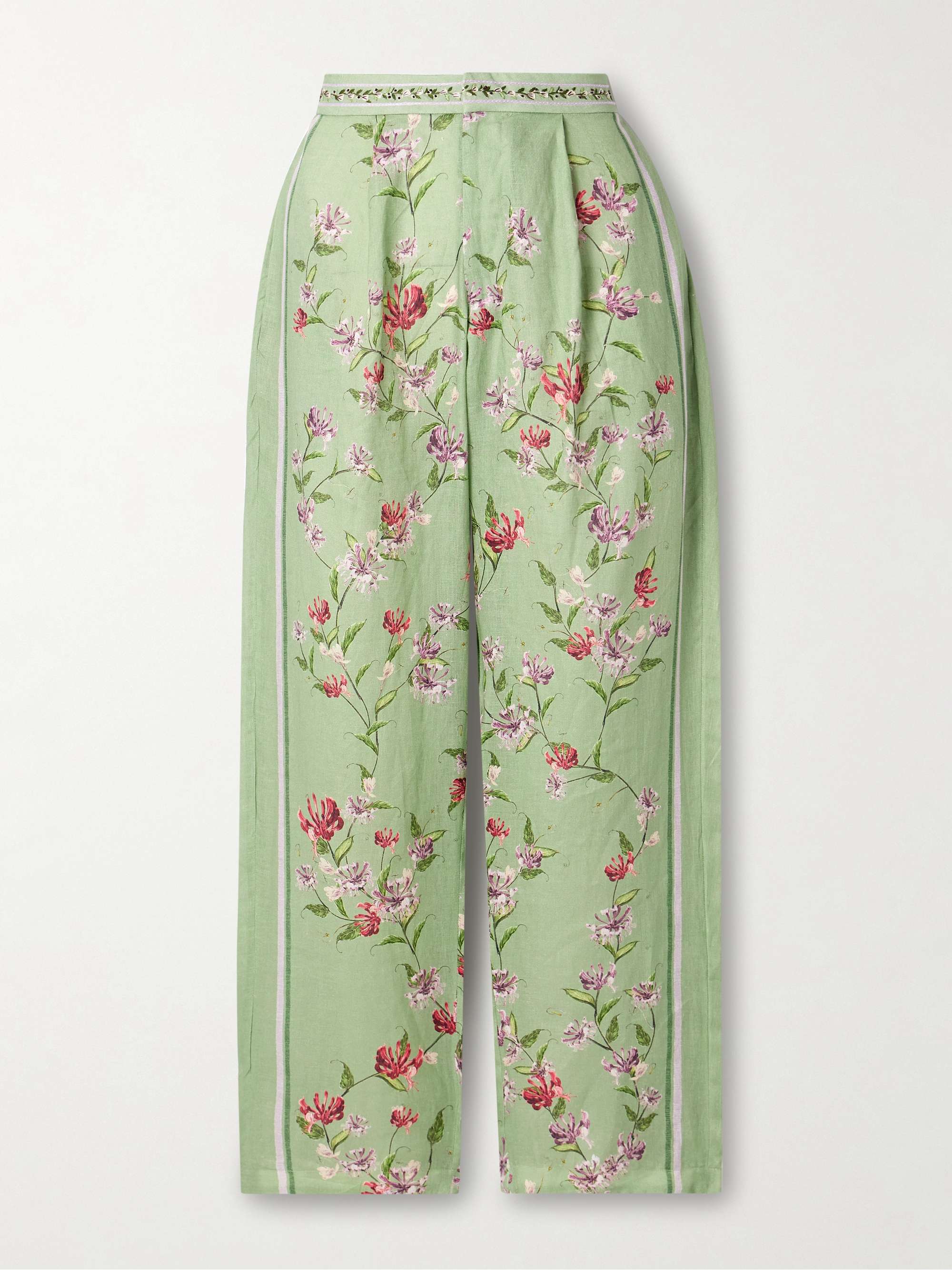 Florecer Honeysuckle pleated embroidered floral-print linen tapered pants view