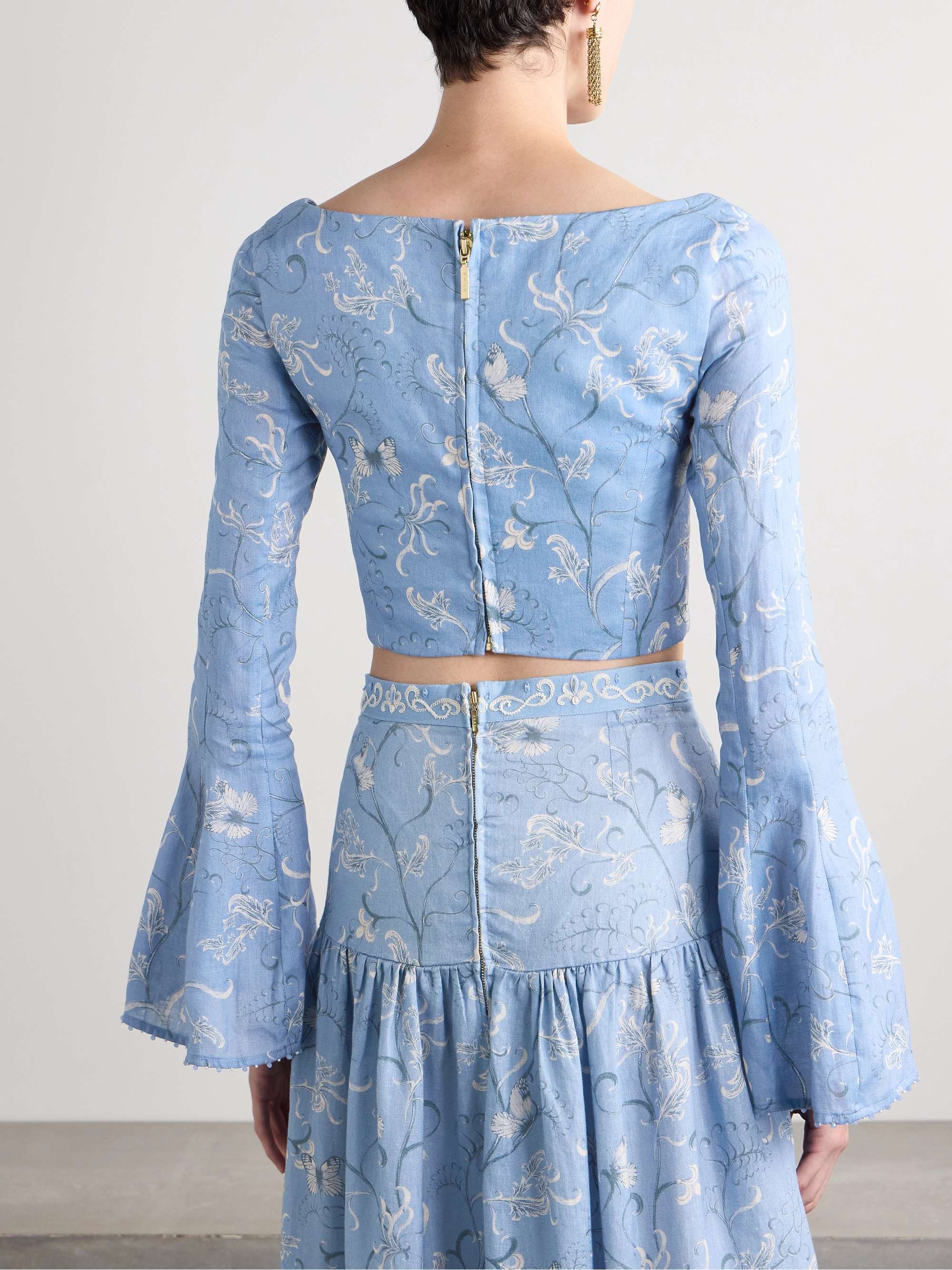 Limoncillo Lymanopoda cropped bead-embellished printed linen top view