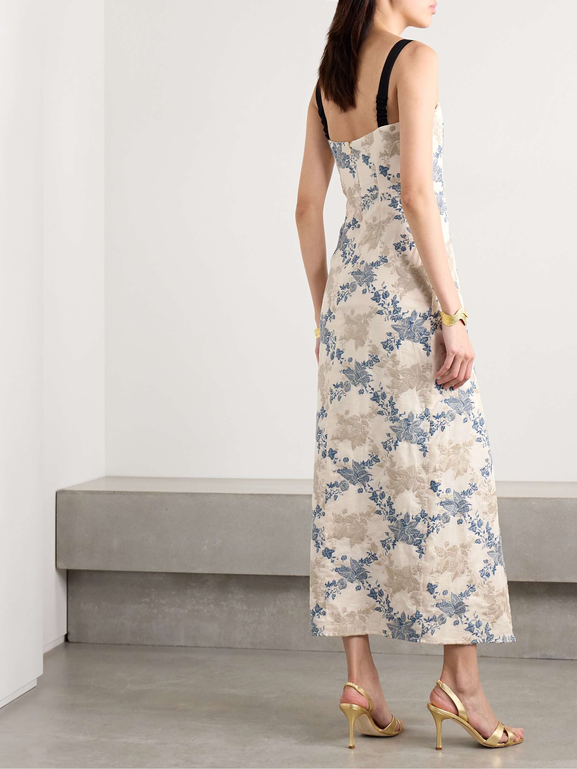 Cinefila Bougainvillea grosgrain-trimmed embroidered wrap-effect cotton and linen-blend midi dress view