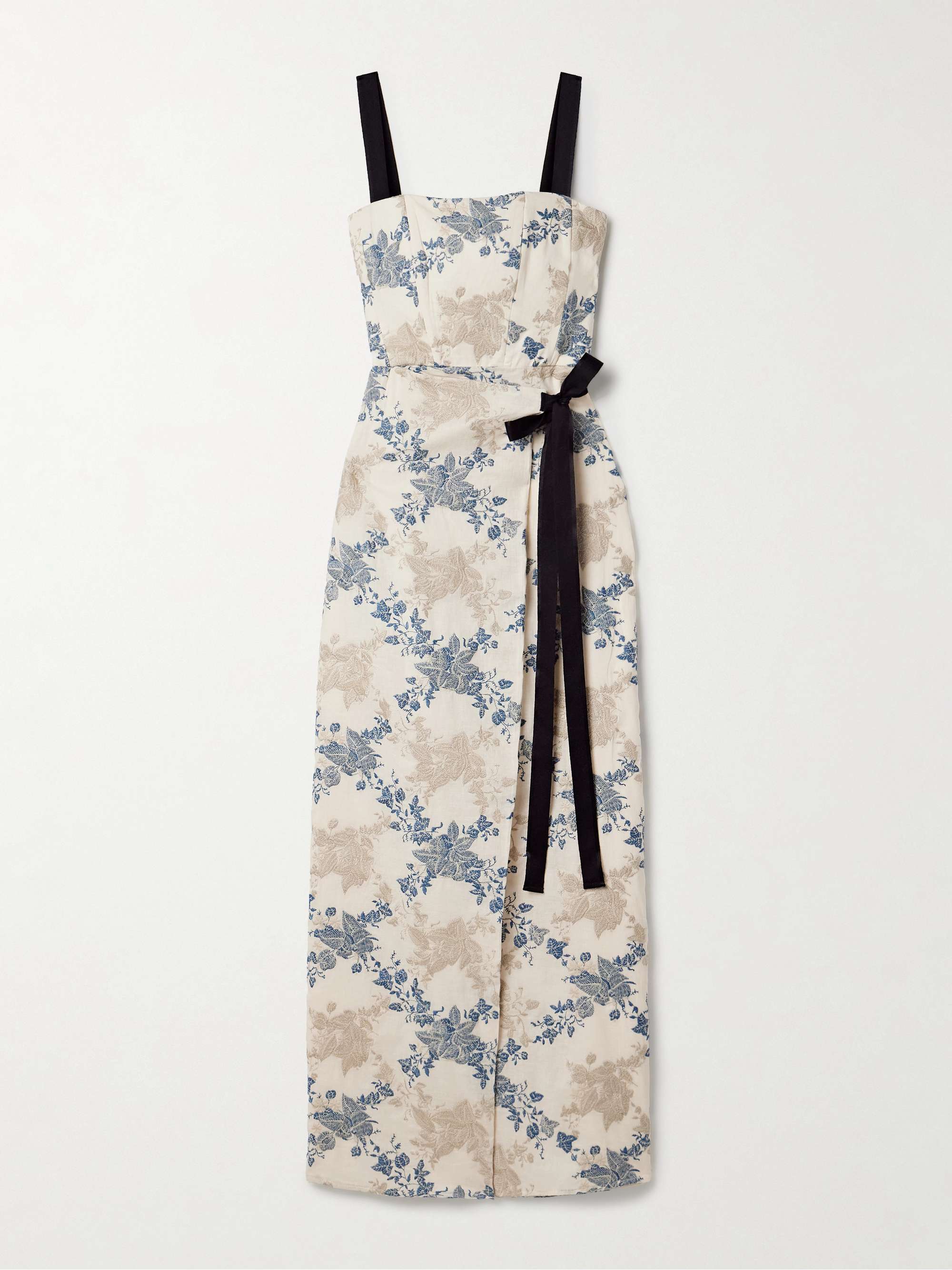 Cinefila Bougainvillea grosgrain-trimmed embroidered wrap-effect cotton and linen-blend midi dress view