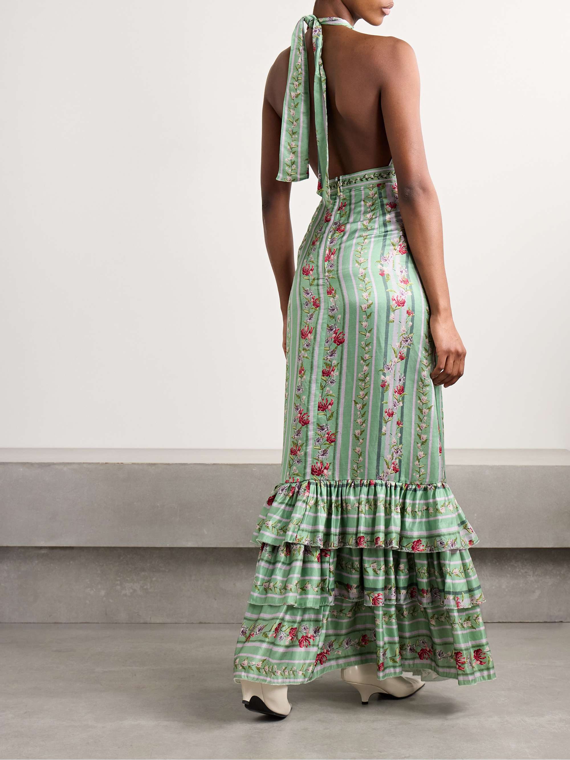 Magnolia Honeysuckle tiered embroidered floral-print linen and silk-blend halterneck maxi dress view